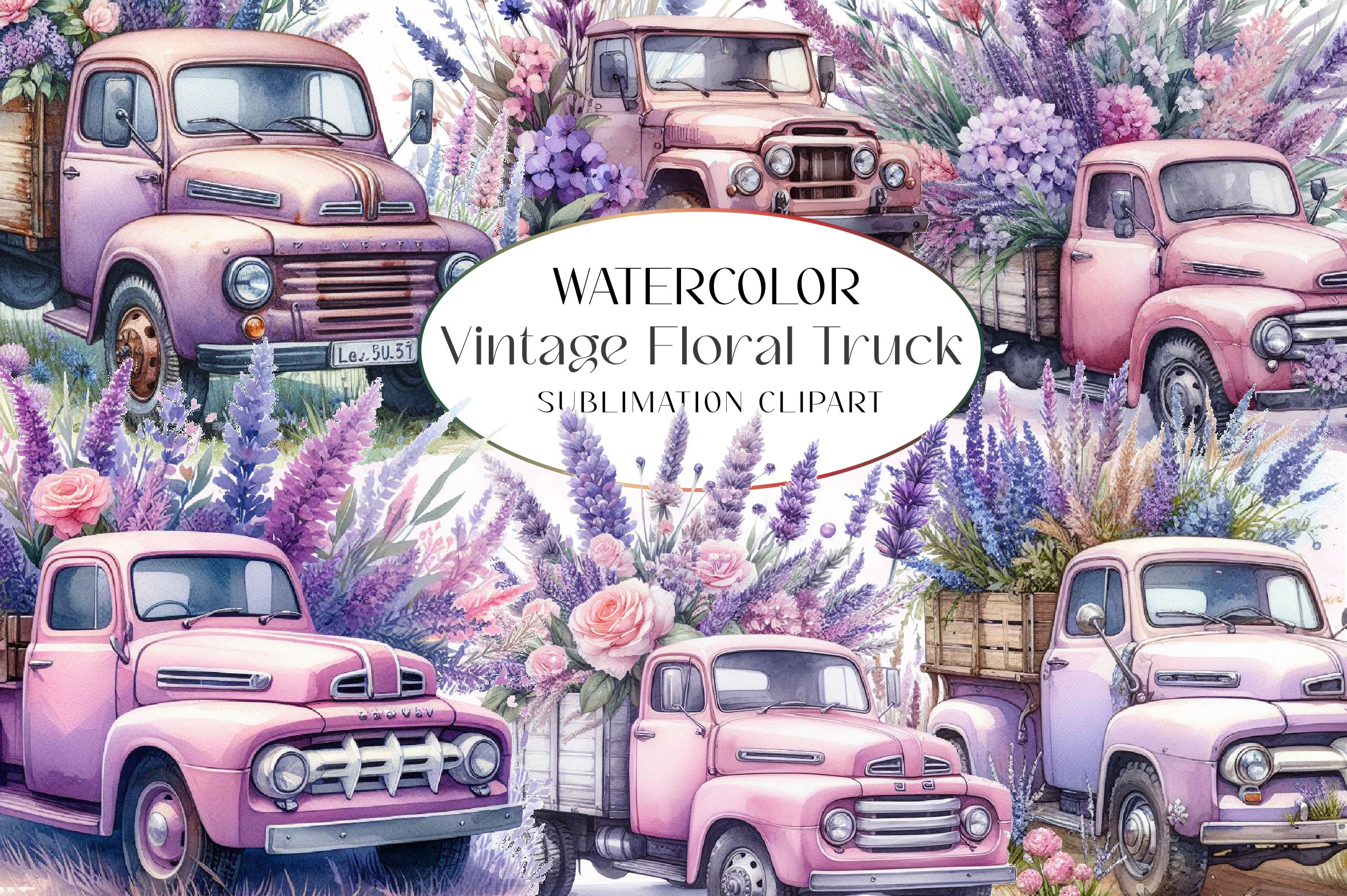 Vintage Floral Truck Clipart Bundle
