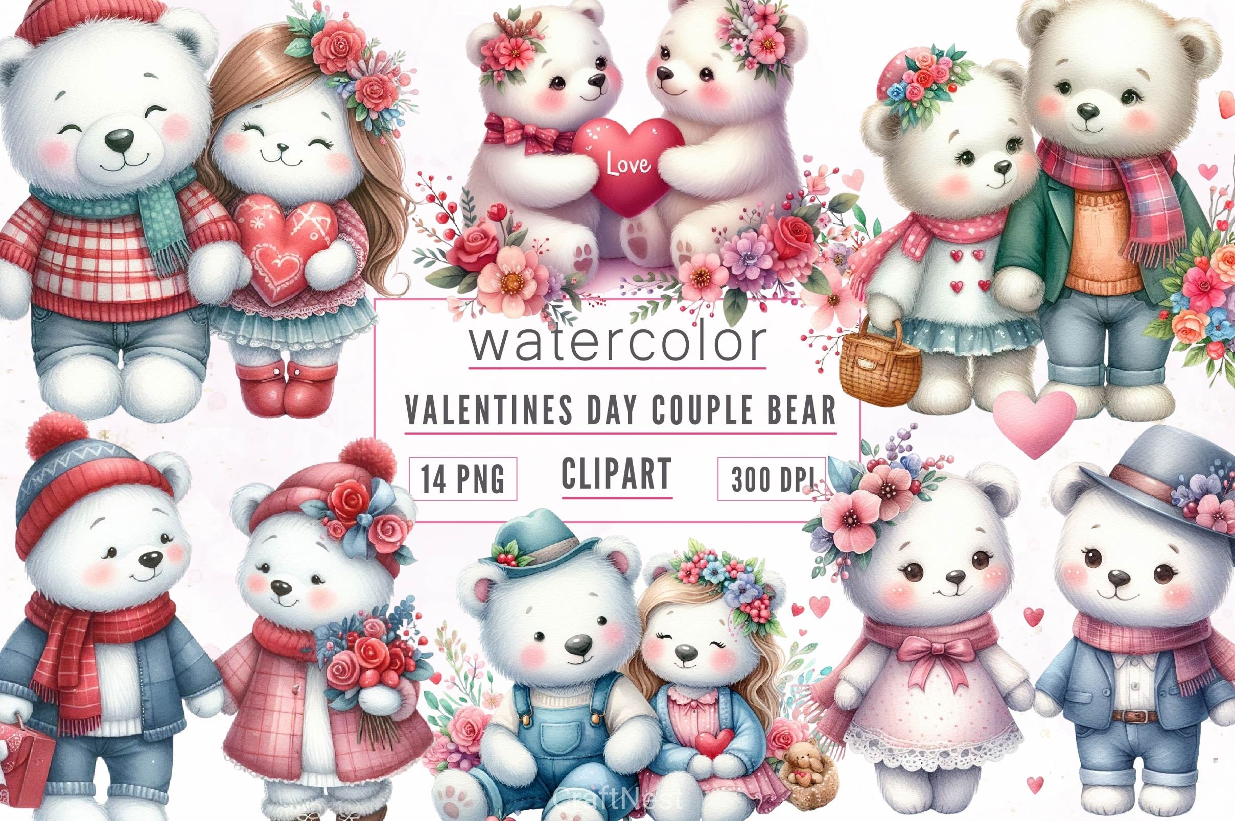 Valentines Day Couple Teddy Bear Clipart Bundle