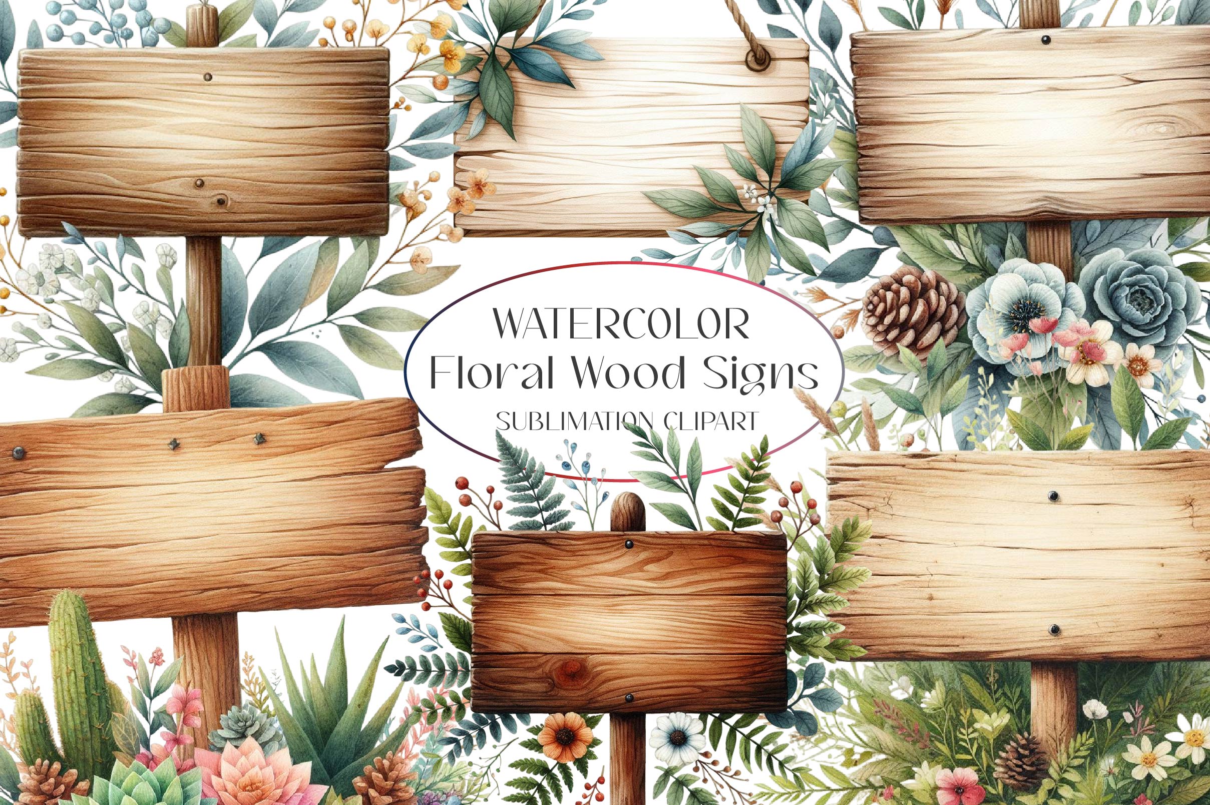 Floral Wood Signs Clipart Bundle