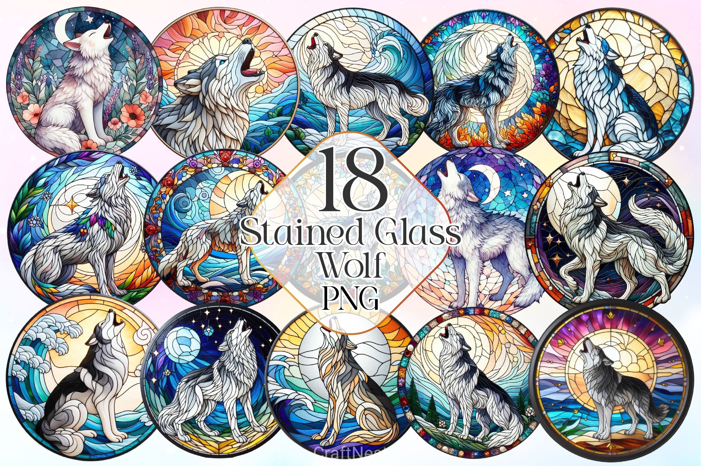 Stained Glass Howling Wolf Clipart Bundle