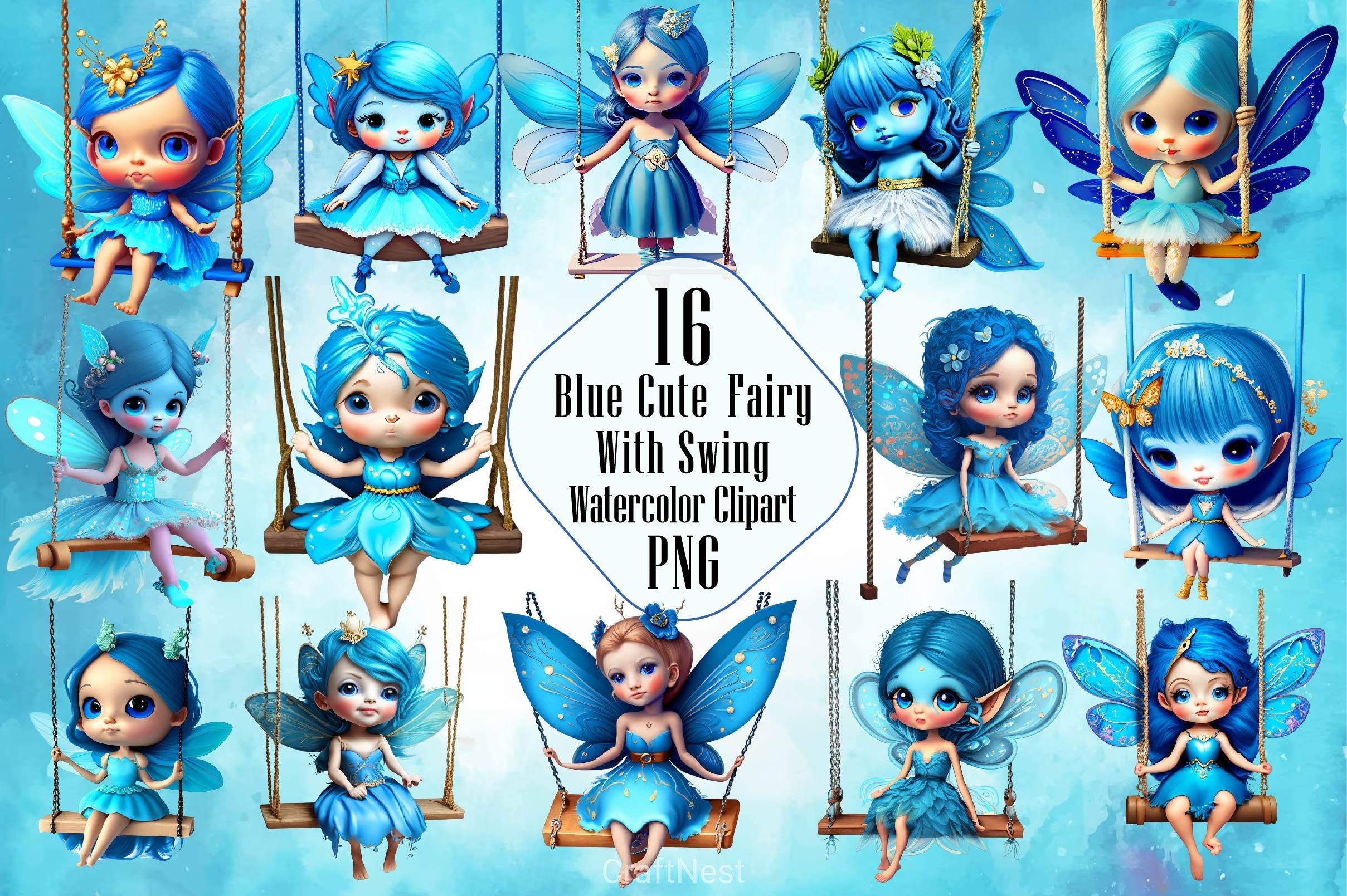 Blue Cute Fairy With Swing Clipart Bundle
