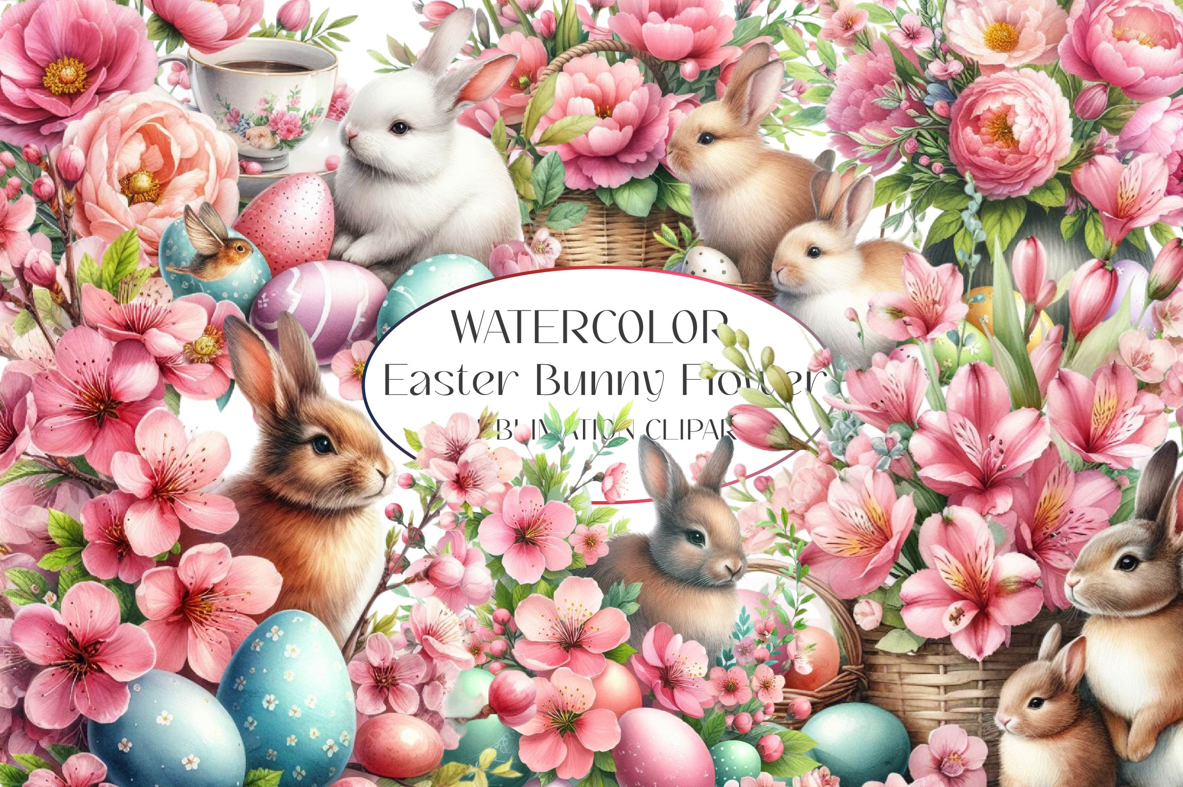 Vintage Easter Bunny Flower Clipart Bundle