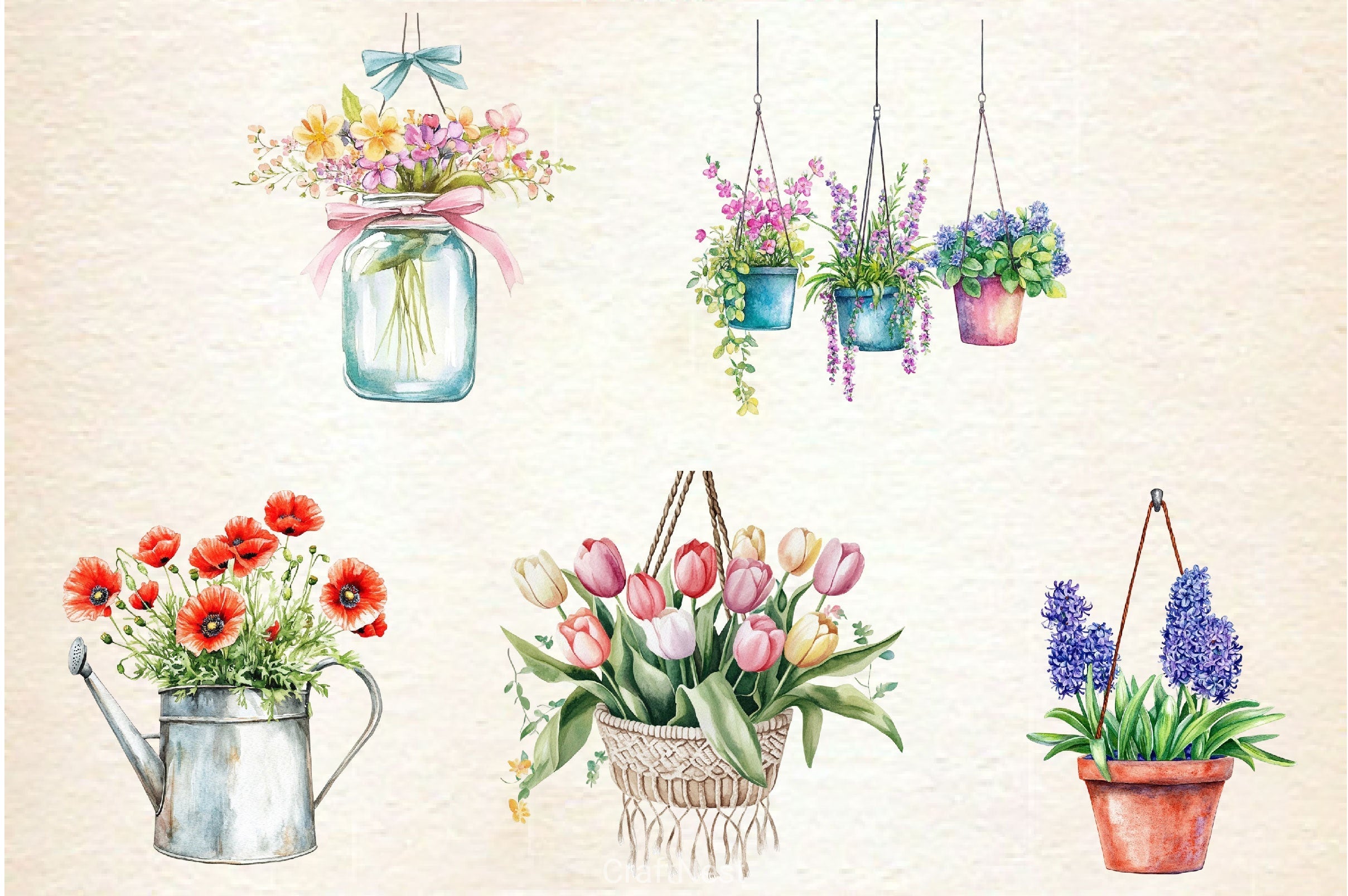 Spring Hanging Planters Clipart Bundle