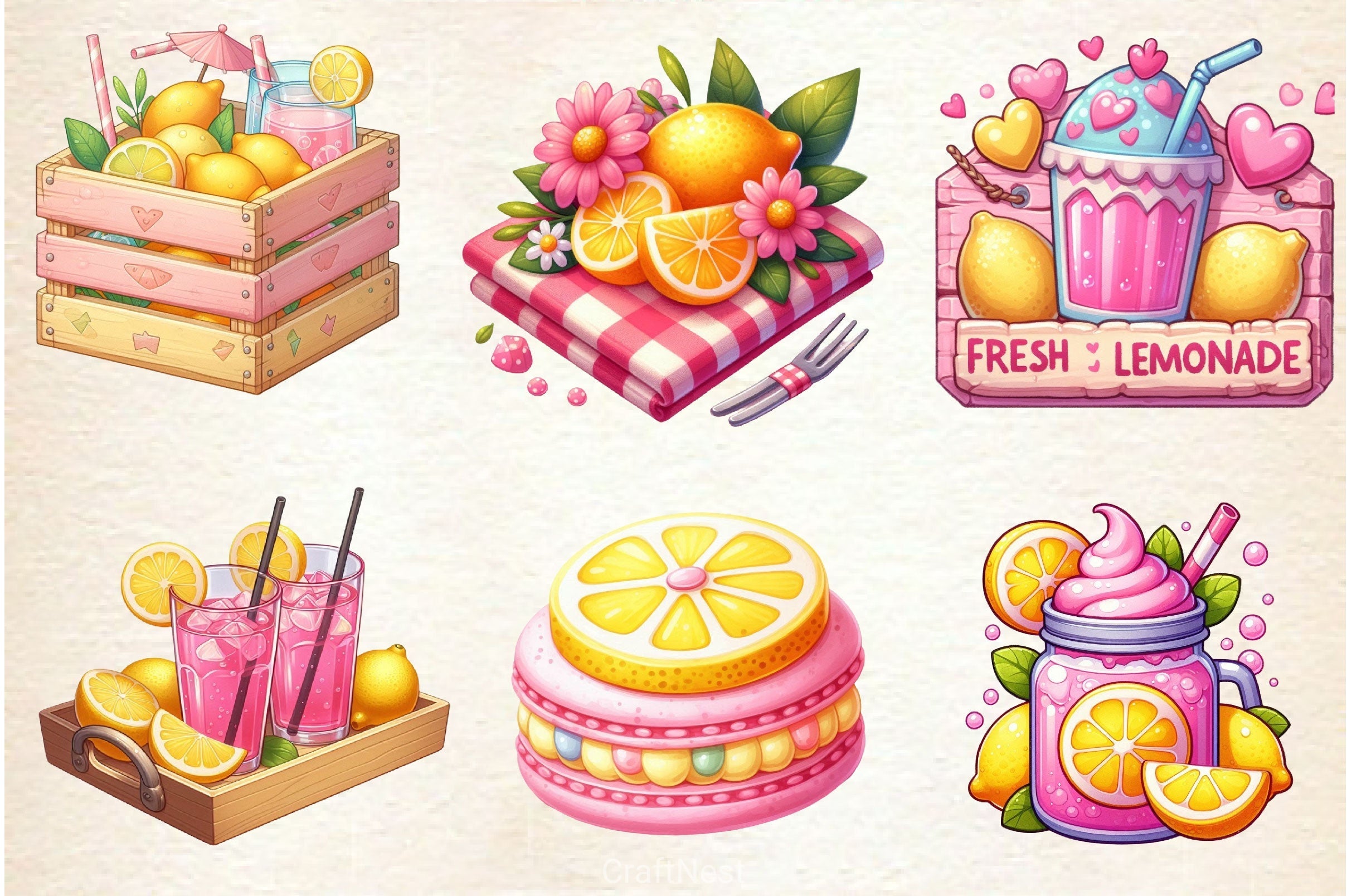 Pastel Pink Lemonade Summer Clipart Bundle