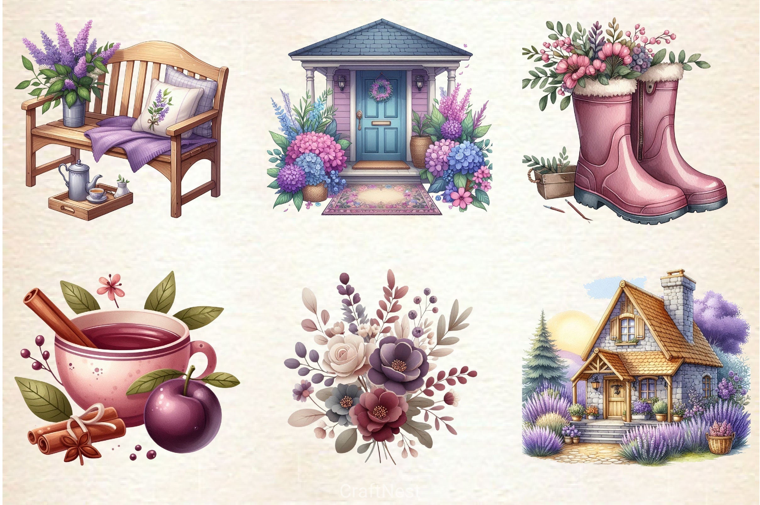 Purple Autumn Cottage Clipart Bundle