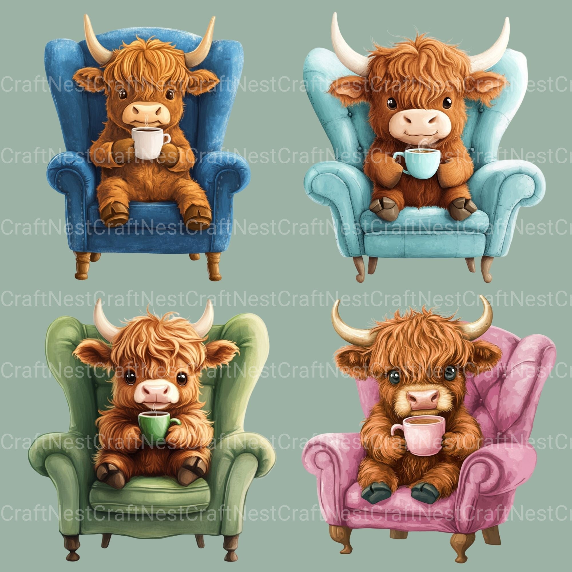 Highland Cow Drinking Coffee Clipart Bundle
