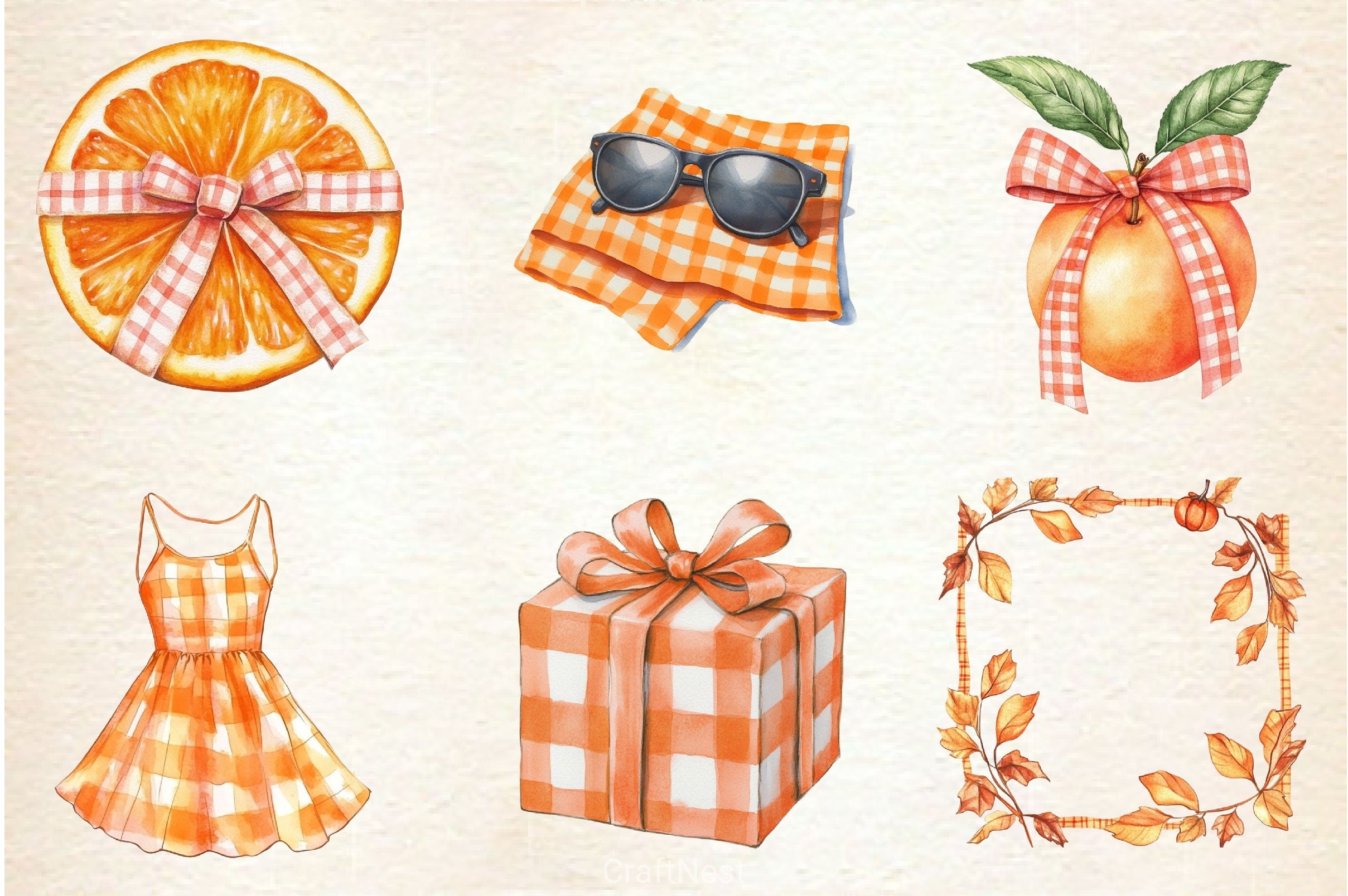 Orange Gingham Summer Clipart Bundle