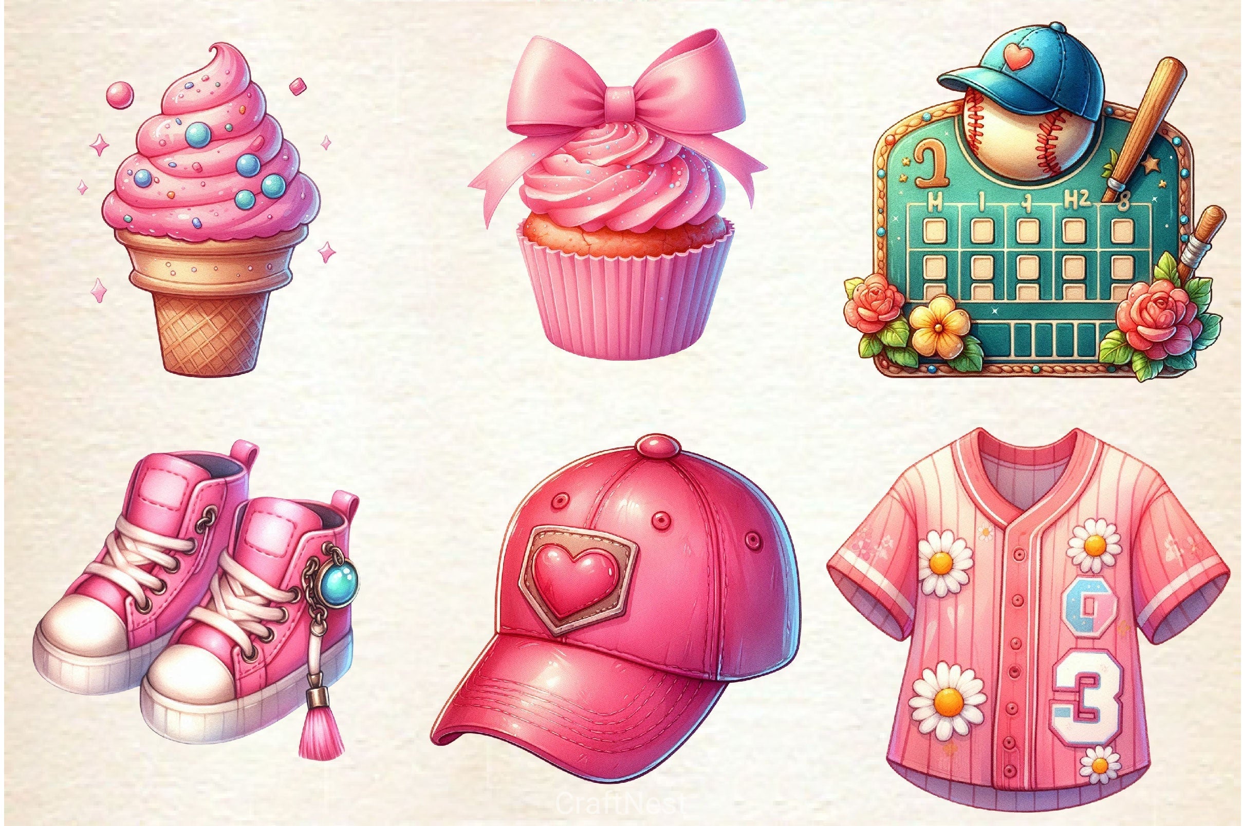 Retro Girly Baseball Clipart Bundle 2