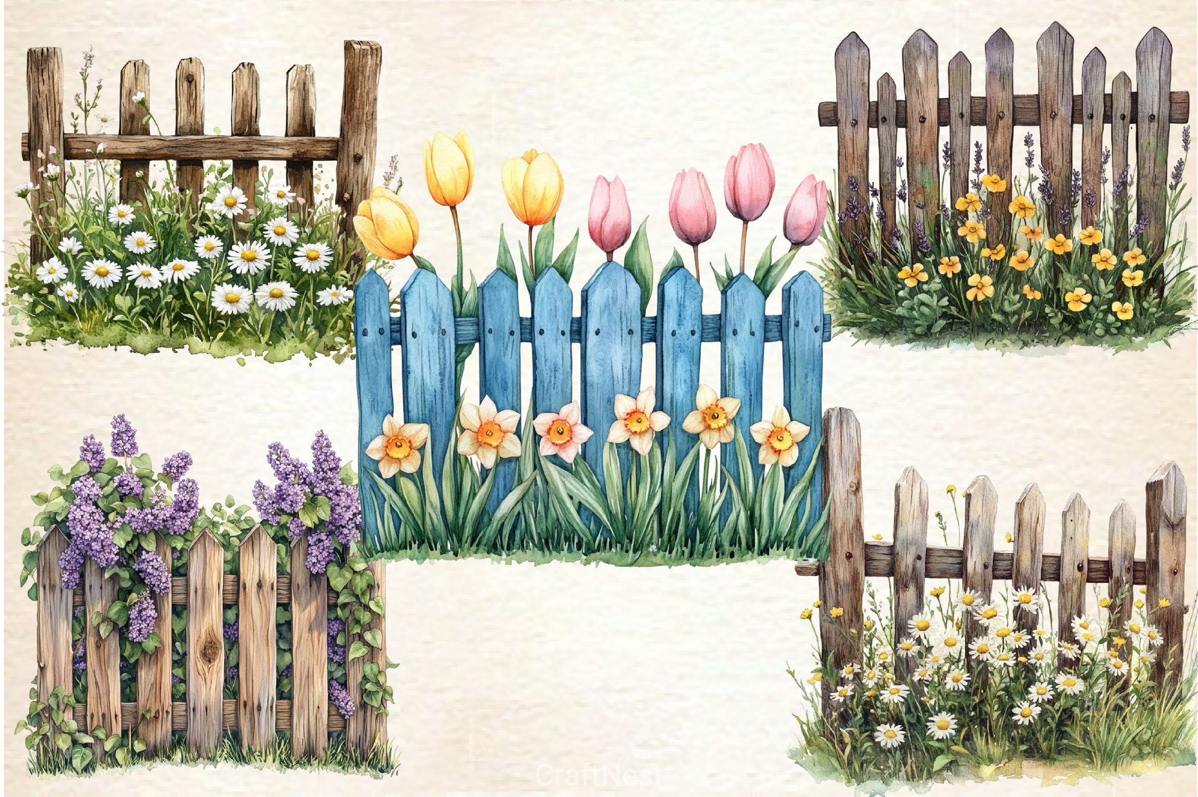 Spring Flower Fence Clipart Bundle 2