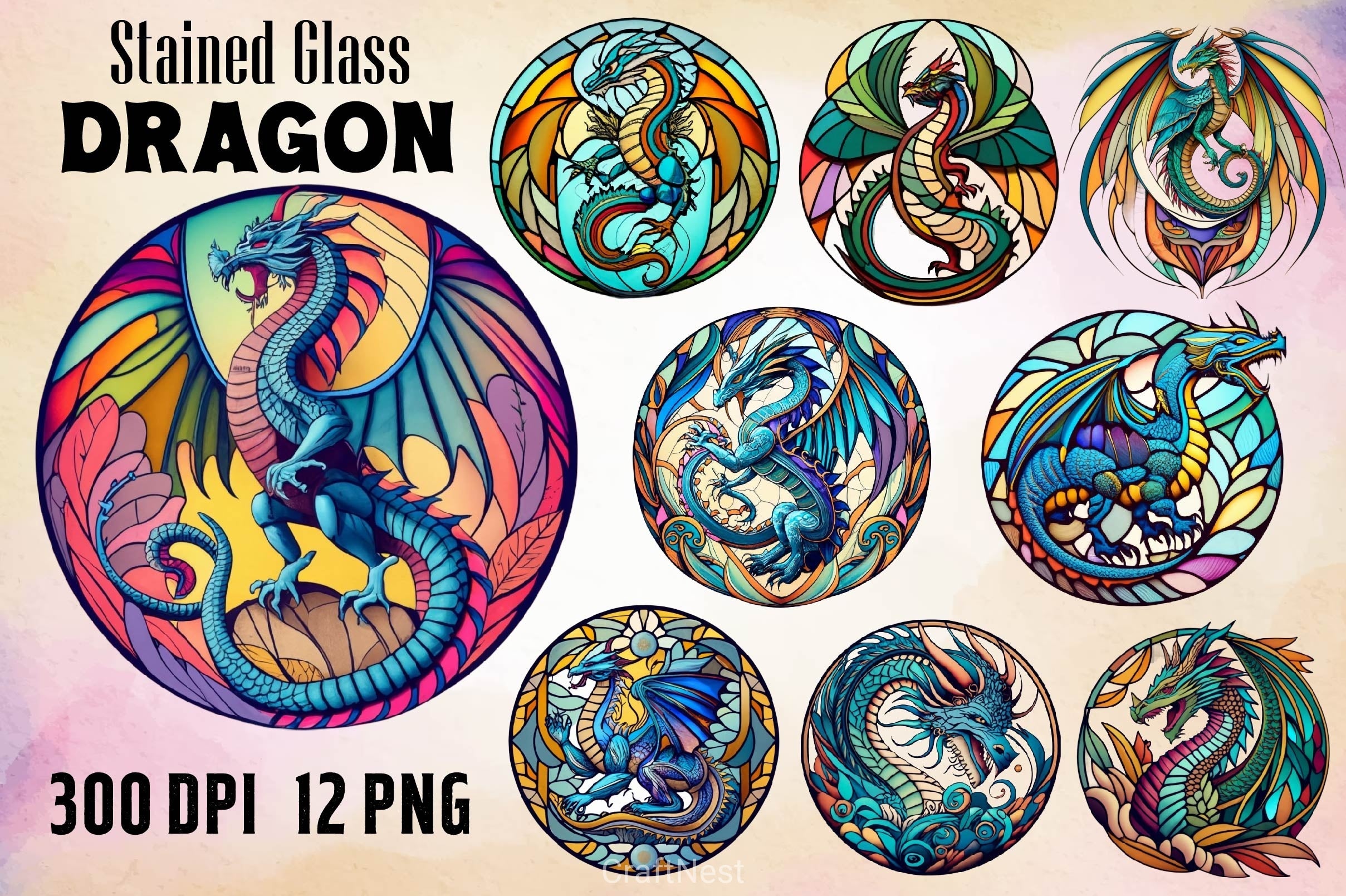 Stained Round Glass Dragon Clipart Bundle