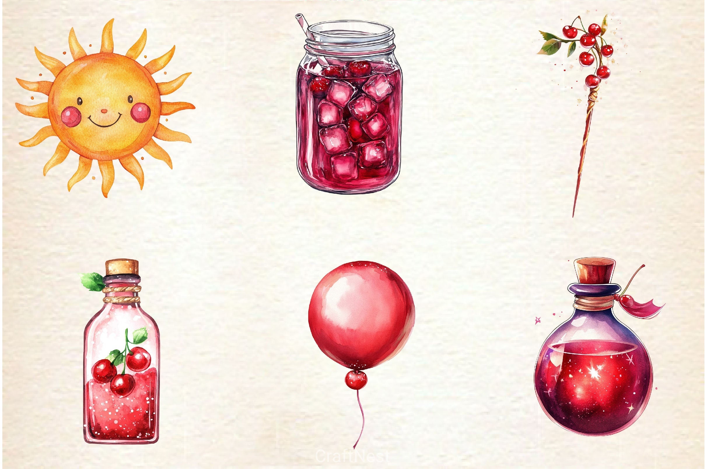 Cherry Red Magical Summer Clipart Bundle 2