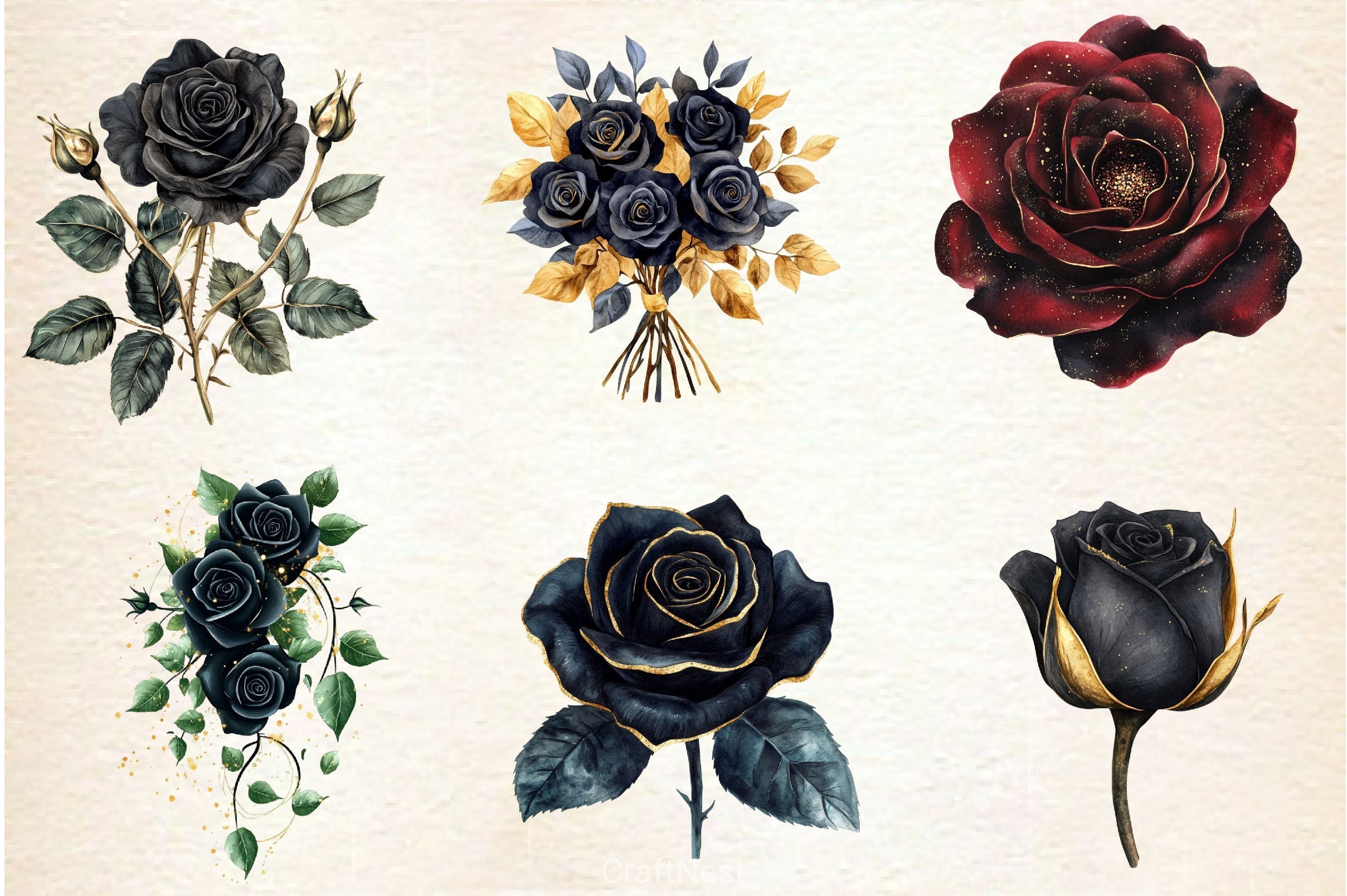 Black And Gold Glam Roses Clipart Bundle