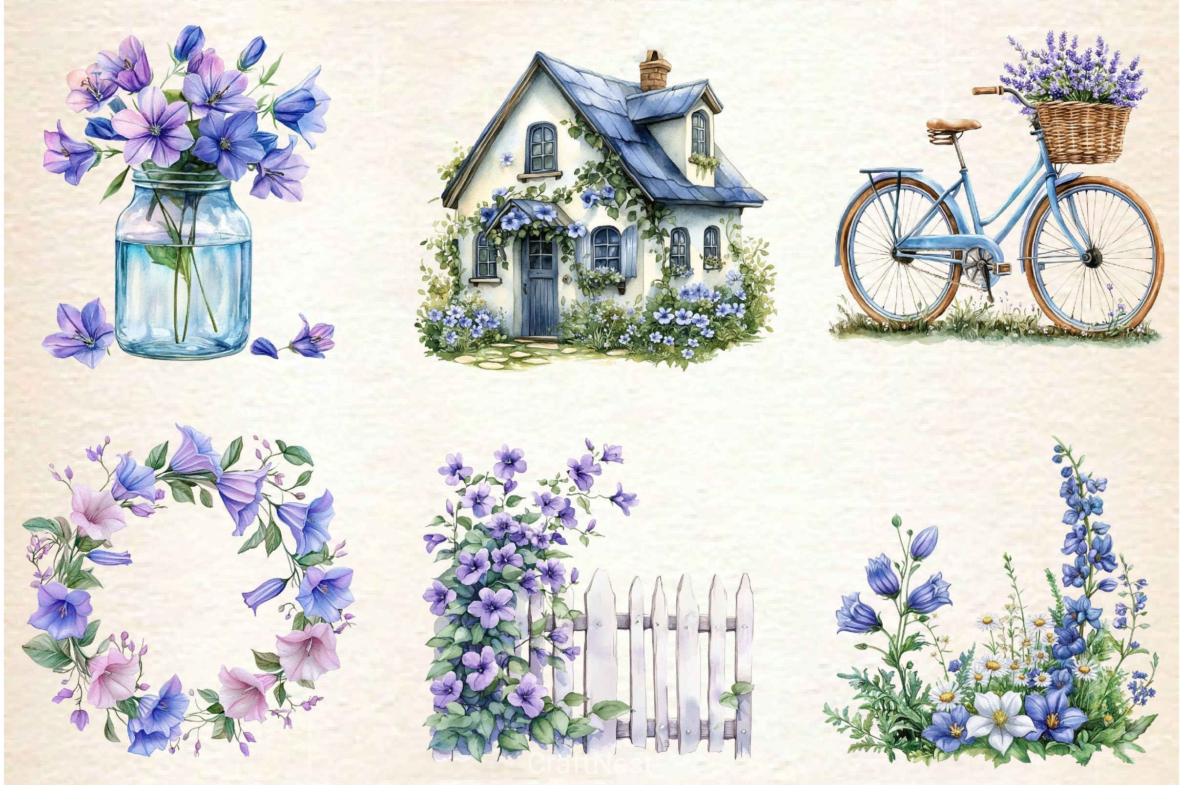 Spring Campanula Flower Clipart Bundle