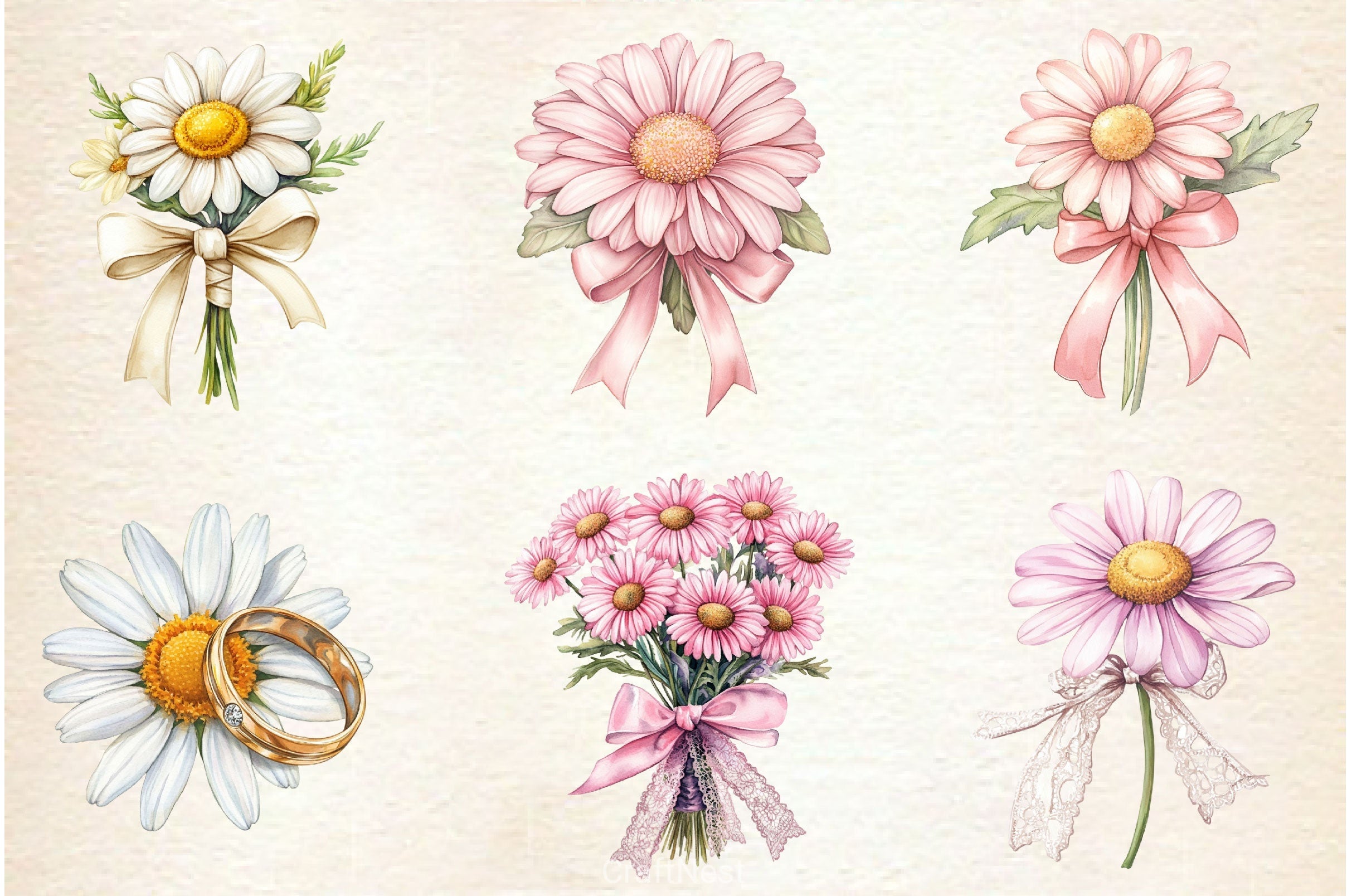 Pastel Daisies Wedding Clipart Bundle