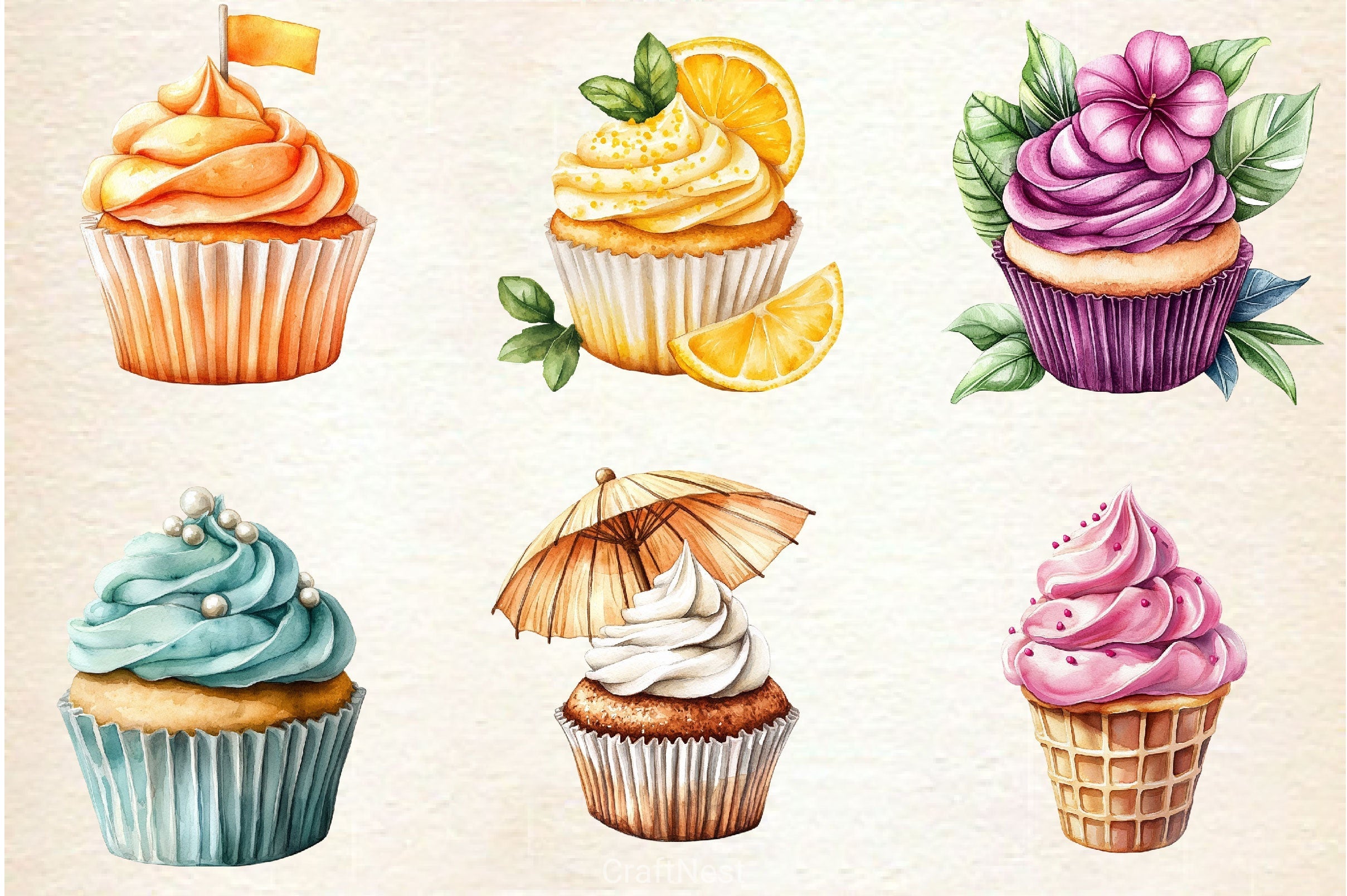Summer Cupcake Clipart Bundle 2