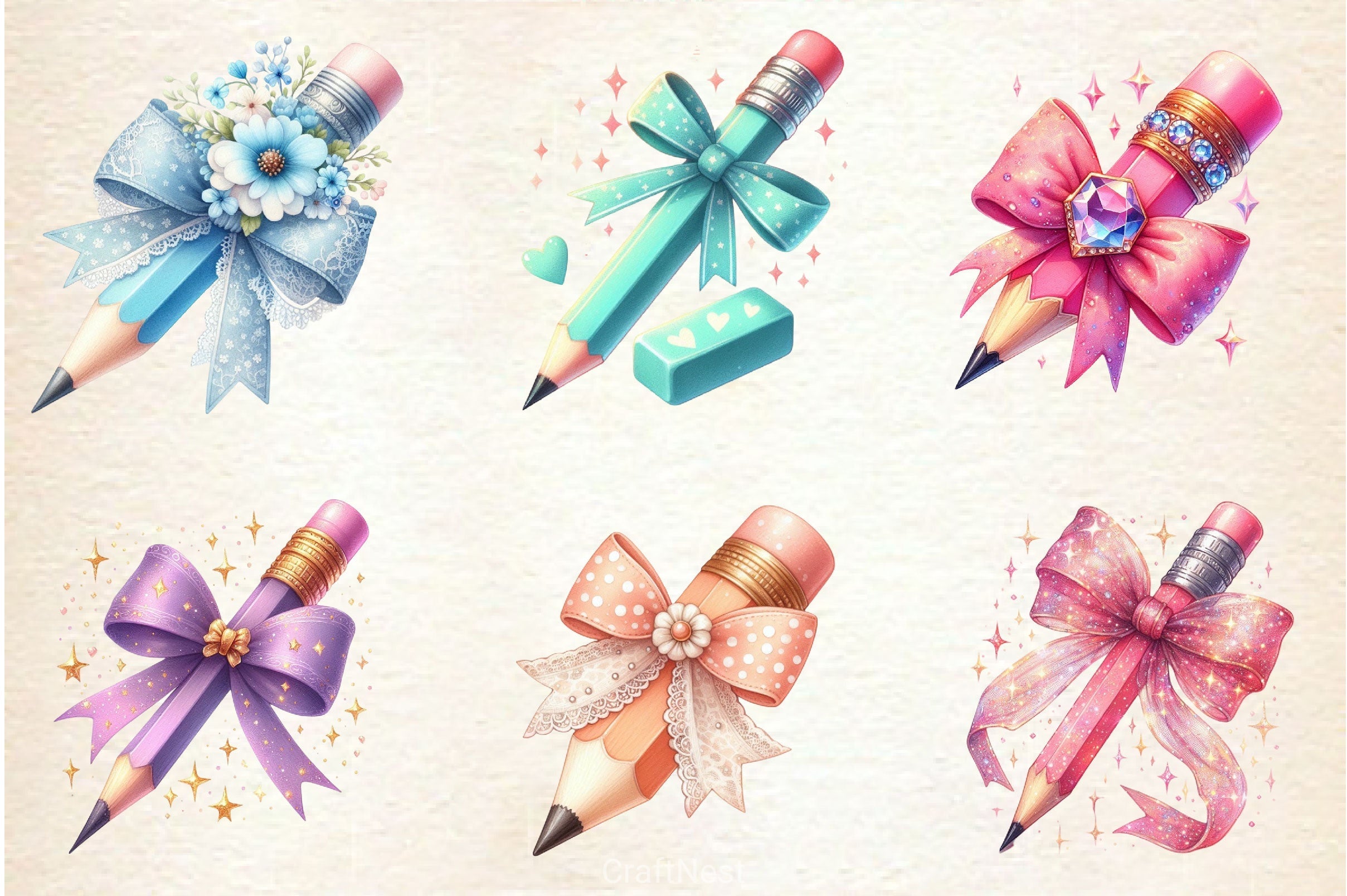 Colorful Coquette Pencil School Clipart Bundle