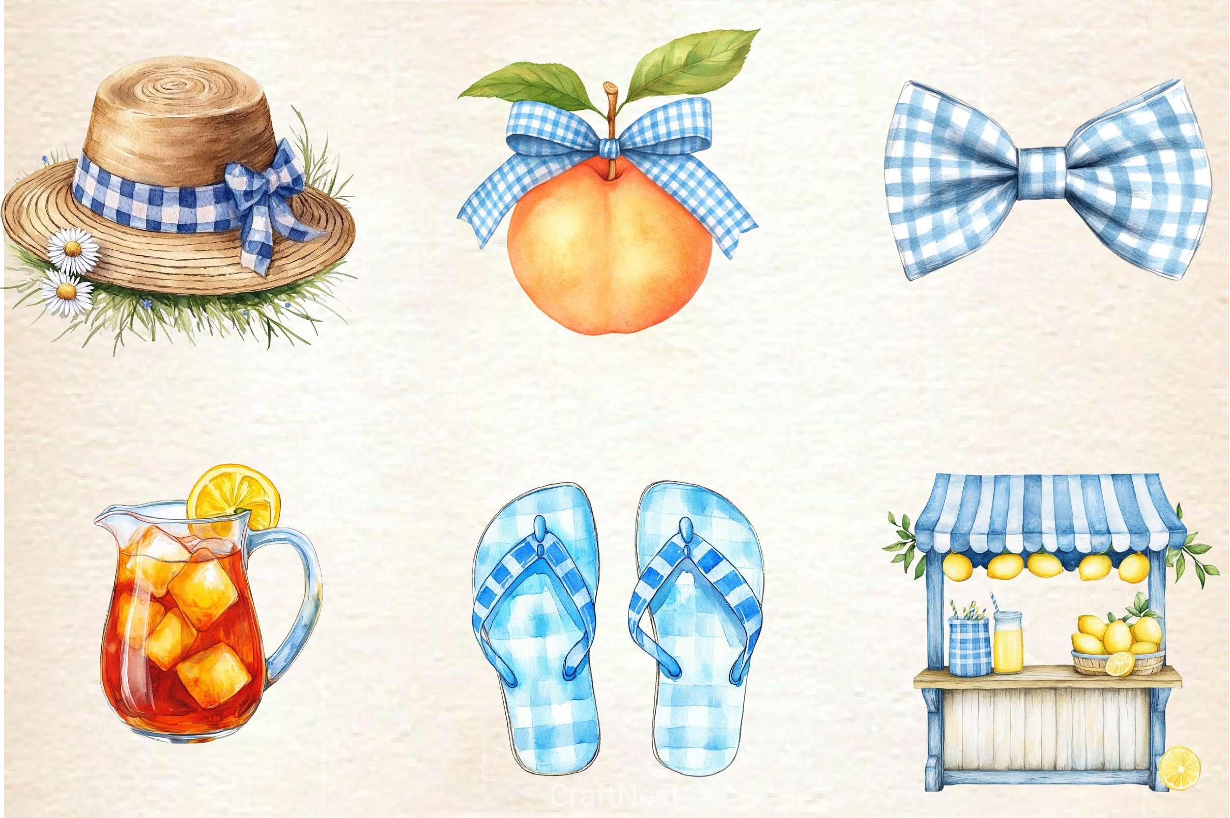 Blue Gingham Summer Clipart Bundle