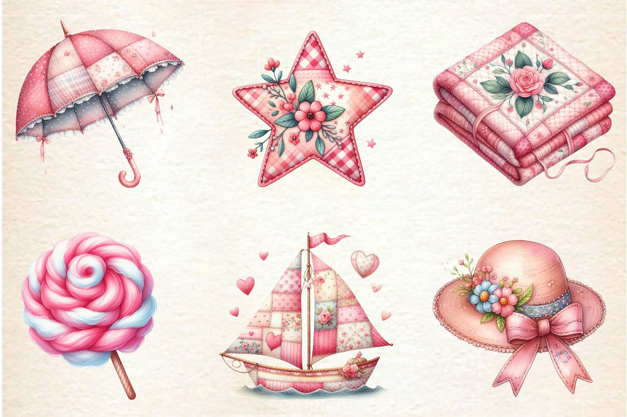 Pink Patchwork Summer Clipart Bundle