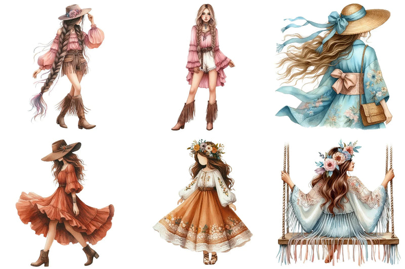 Boho Girls Clipart Bundle - CraftNest - Digital Crafting and Art