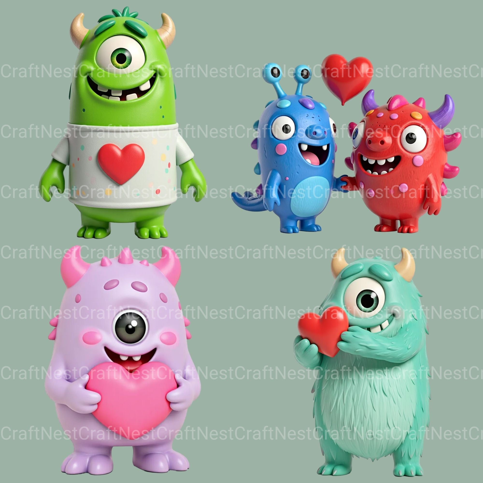 3D Monster Love Clipart Bundle