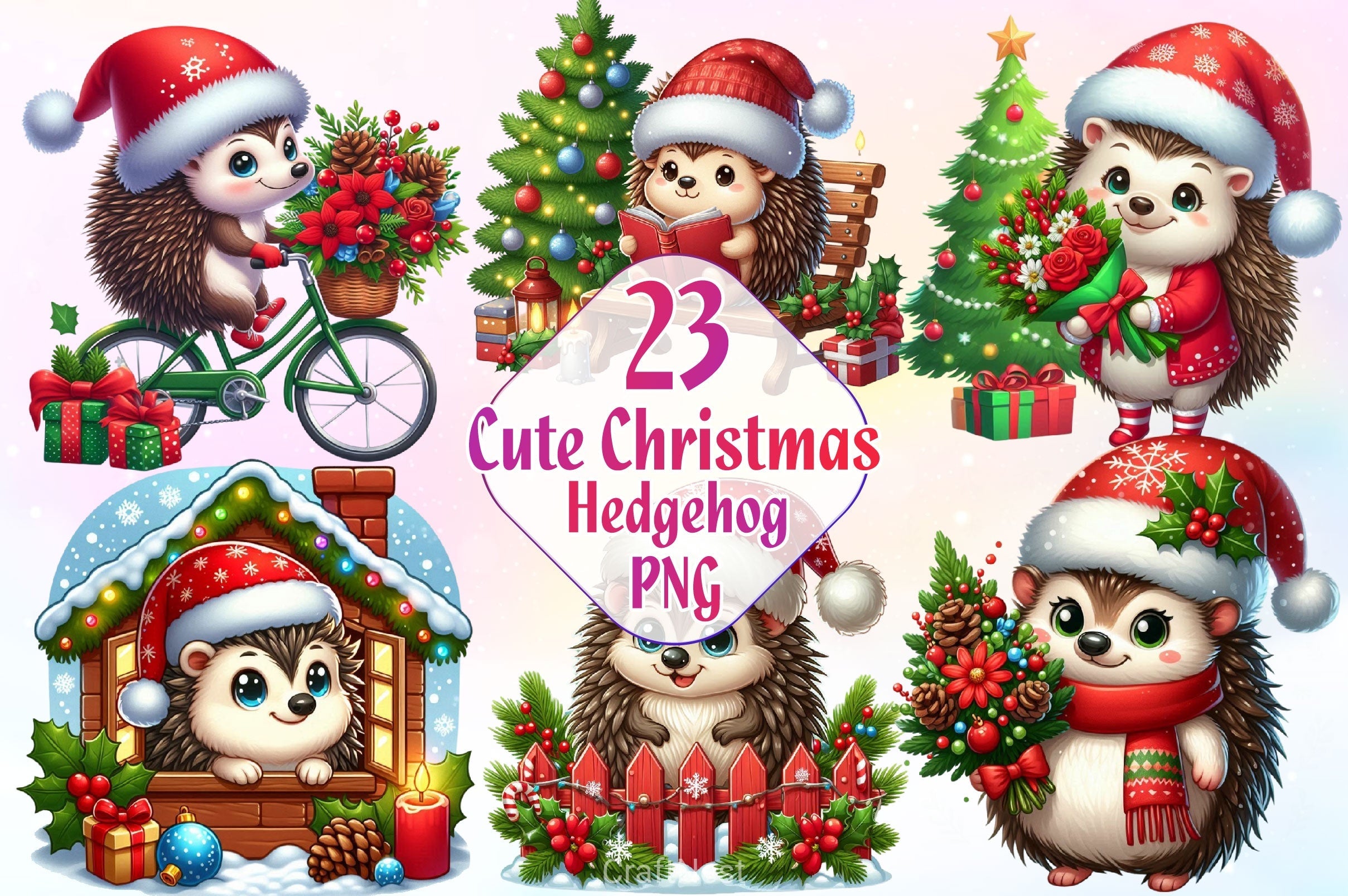 Cute Christmas Hedgehog Clipart Bundle