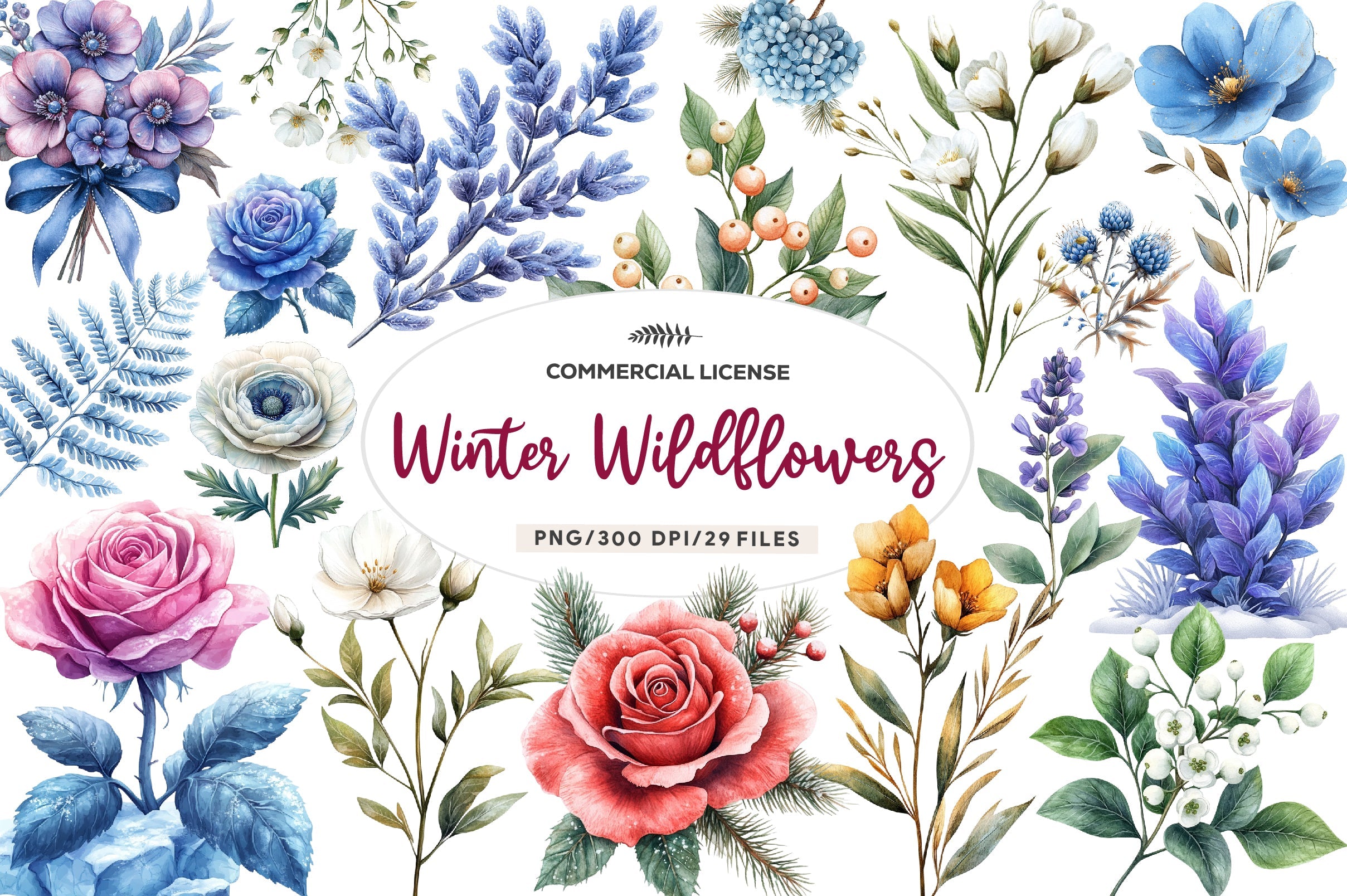 Winter Wildflowers Flowers Clipart Bundle