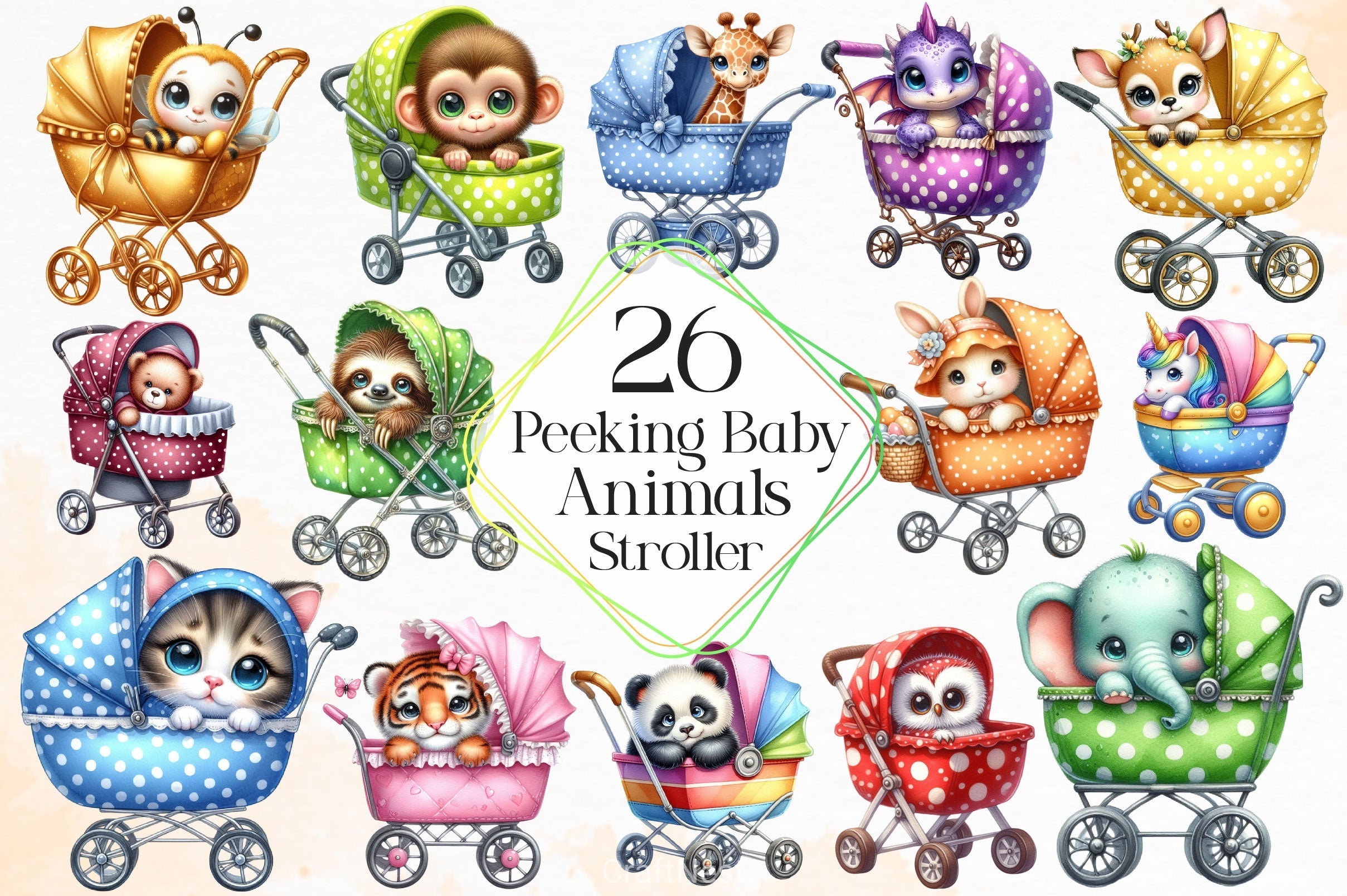 Peeking Baby Animals In Stroller Clipart Bundle