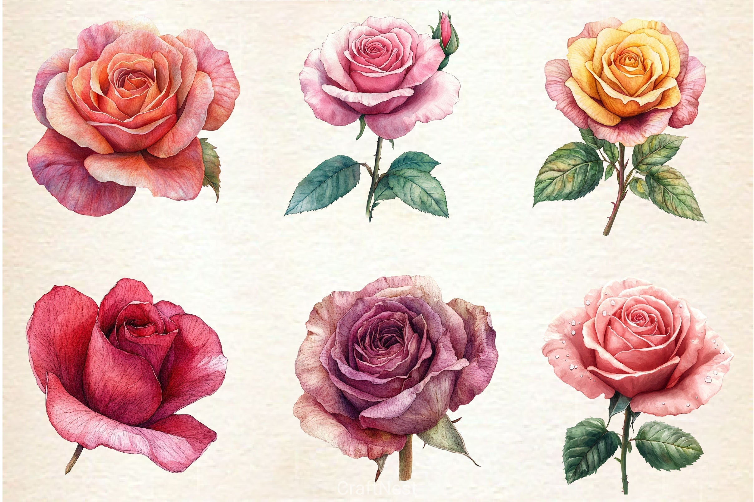 Spring Lithograph Roses Clipart Bundle