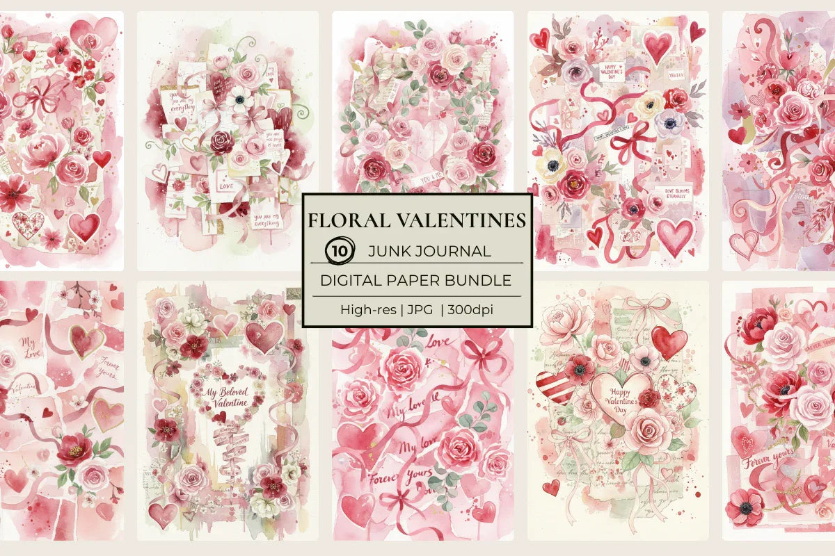 Floral Valentines Junk Journal Papers - CraftNest - Digital Crafting and Art