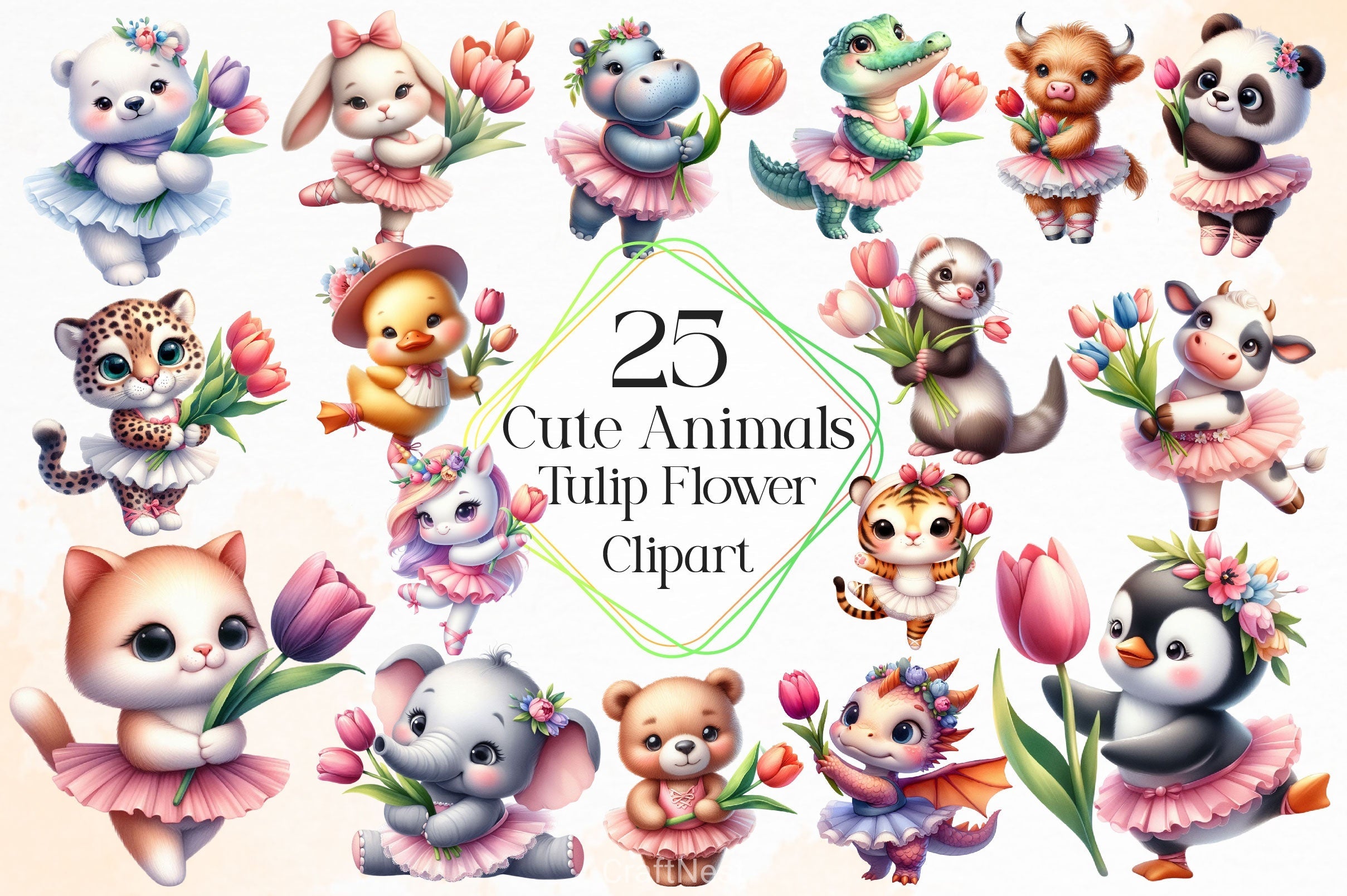 Cute Animals And Tulip Flower Clipart Bundle 4