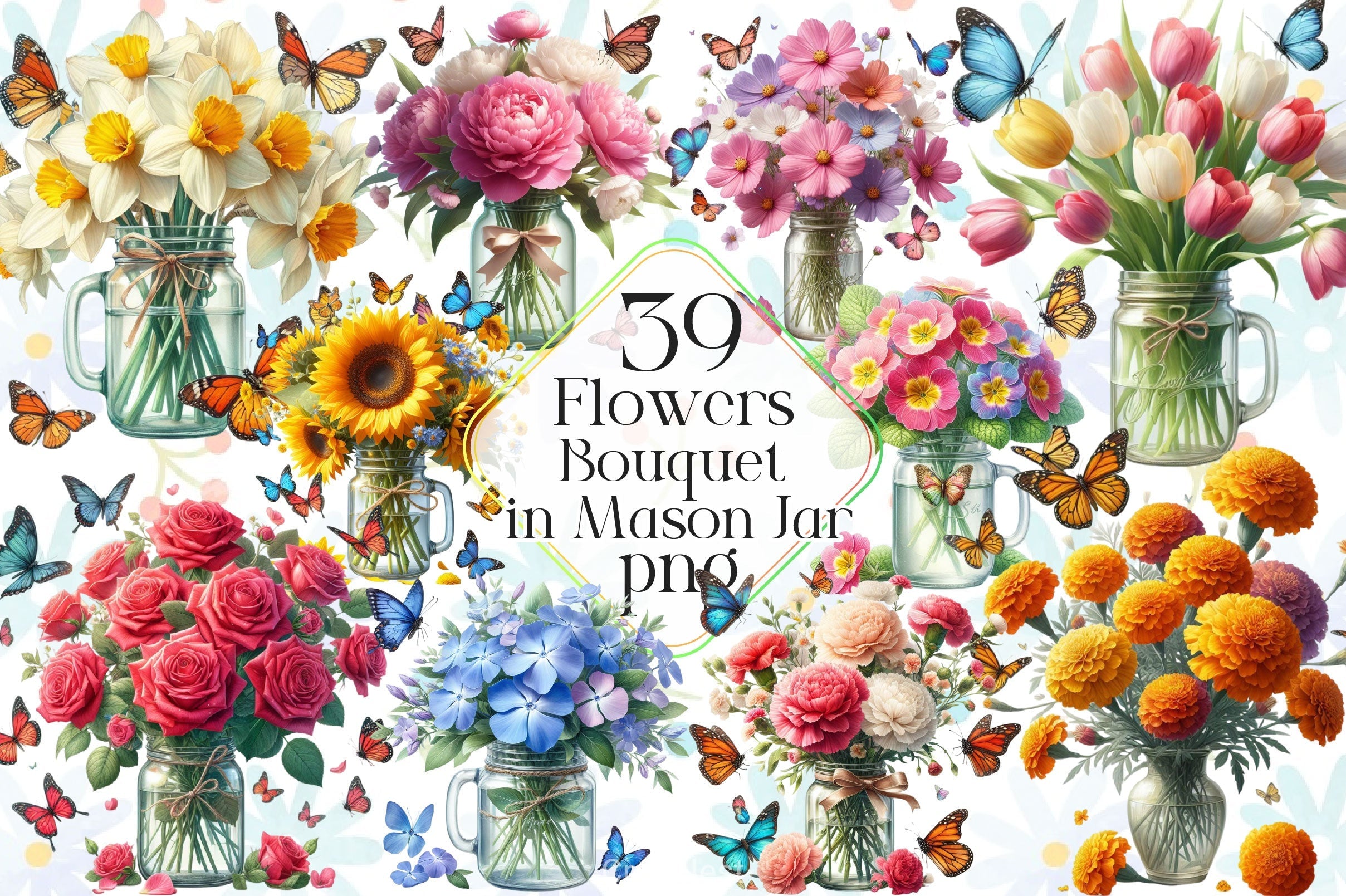 Flowers Bouquet In Mason Jar Clipart Bundle