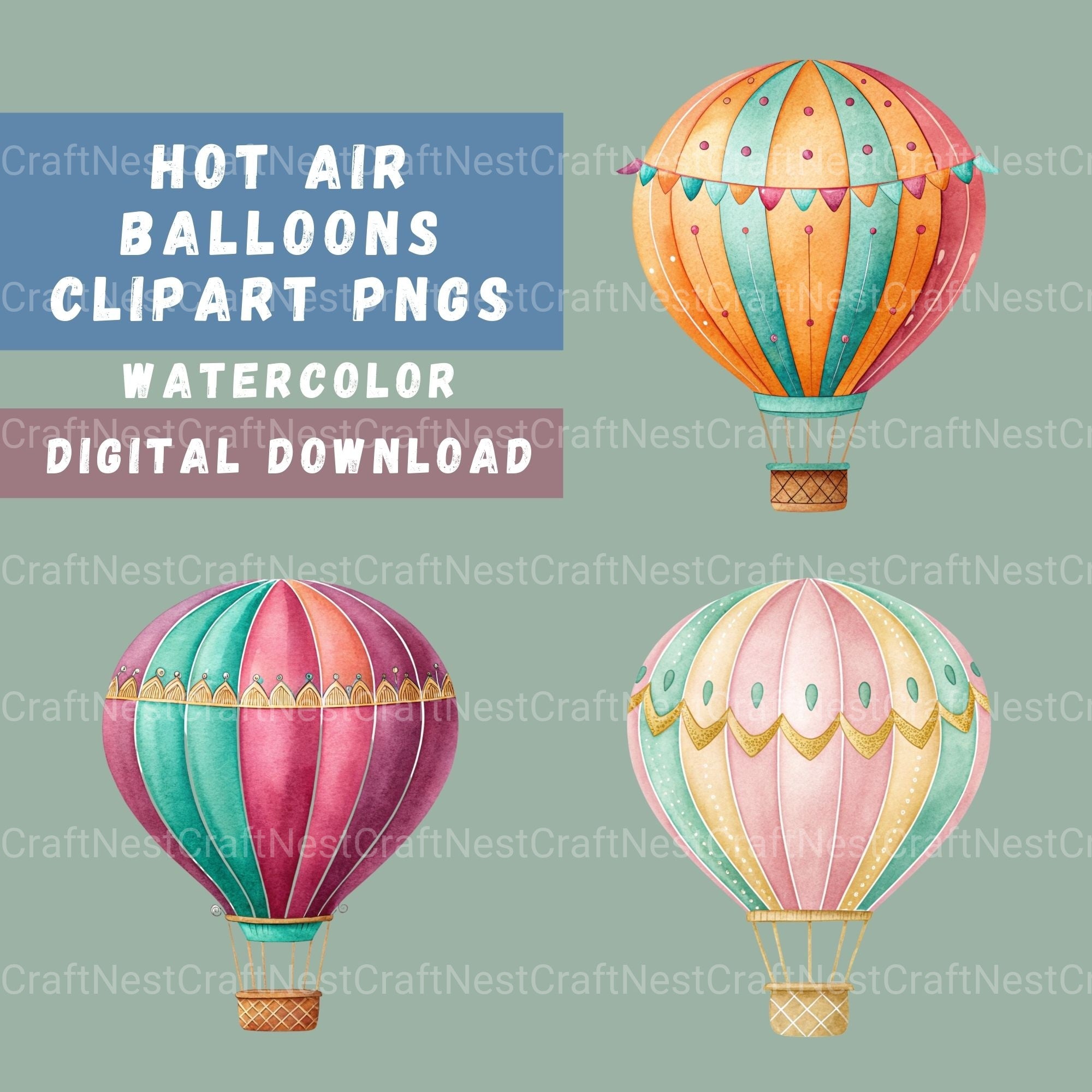 Hot Air Balloons Colorful Clipart Bundle