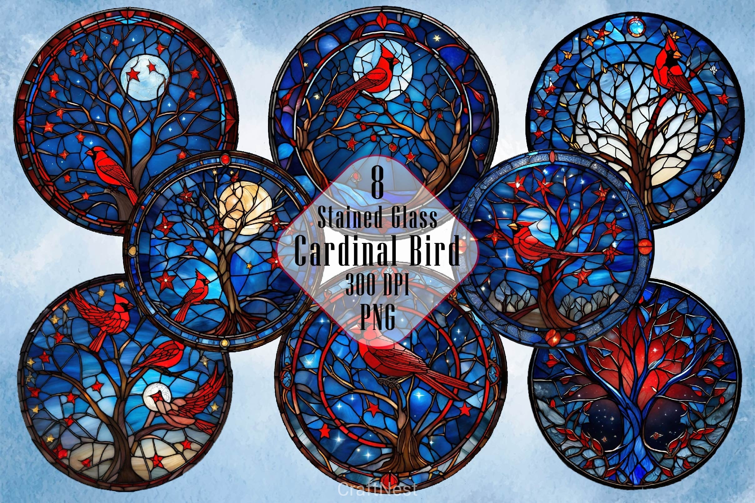 Stained Glass Cardinal Bird Clipart Bundle
