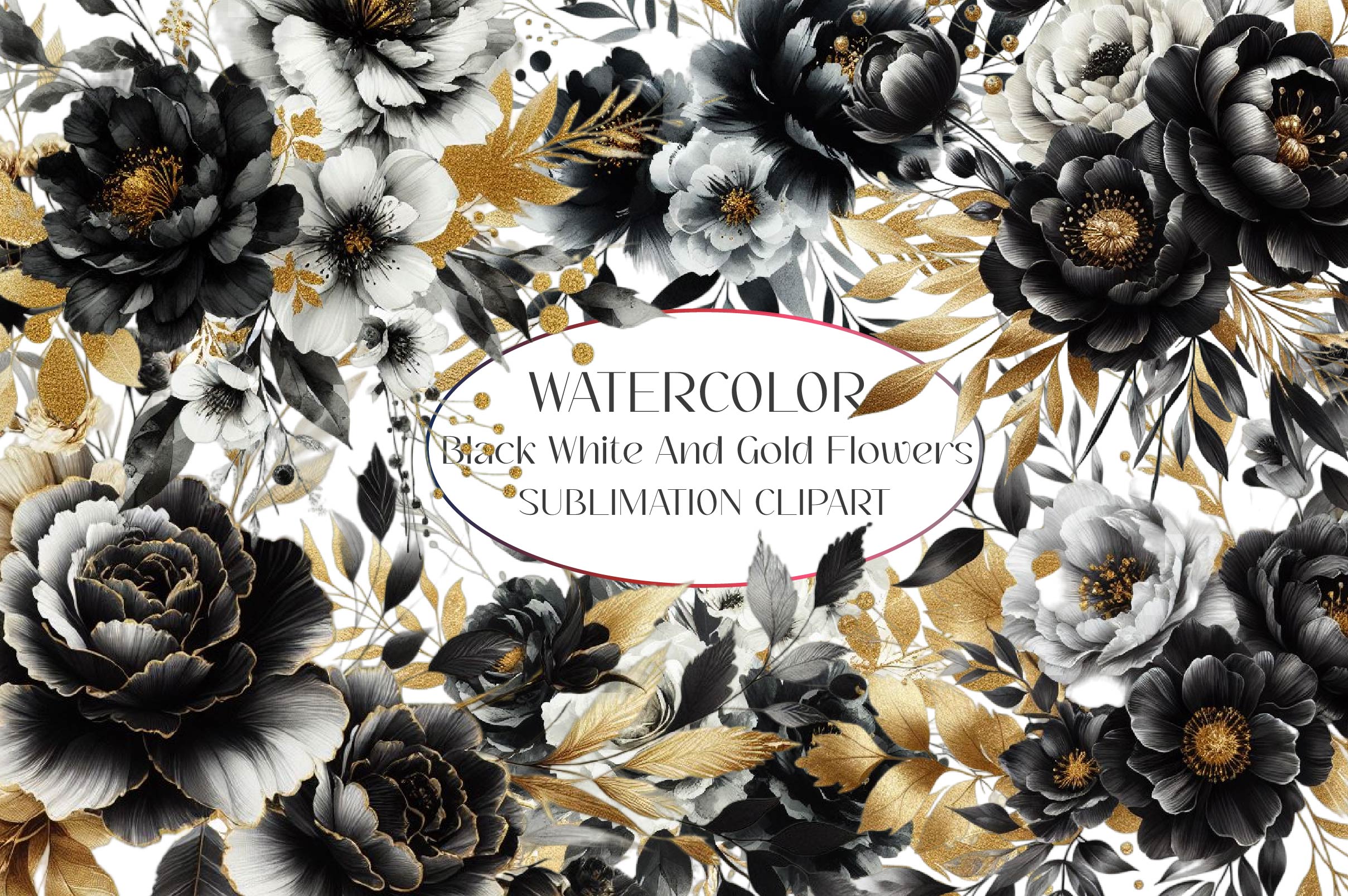 Black White And Gold Flowers Clipart Bundle