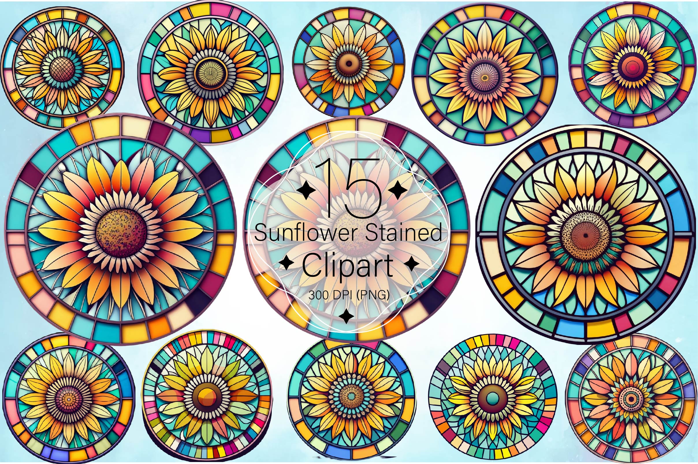 Sunflower Stained Glass Clipart Bundle