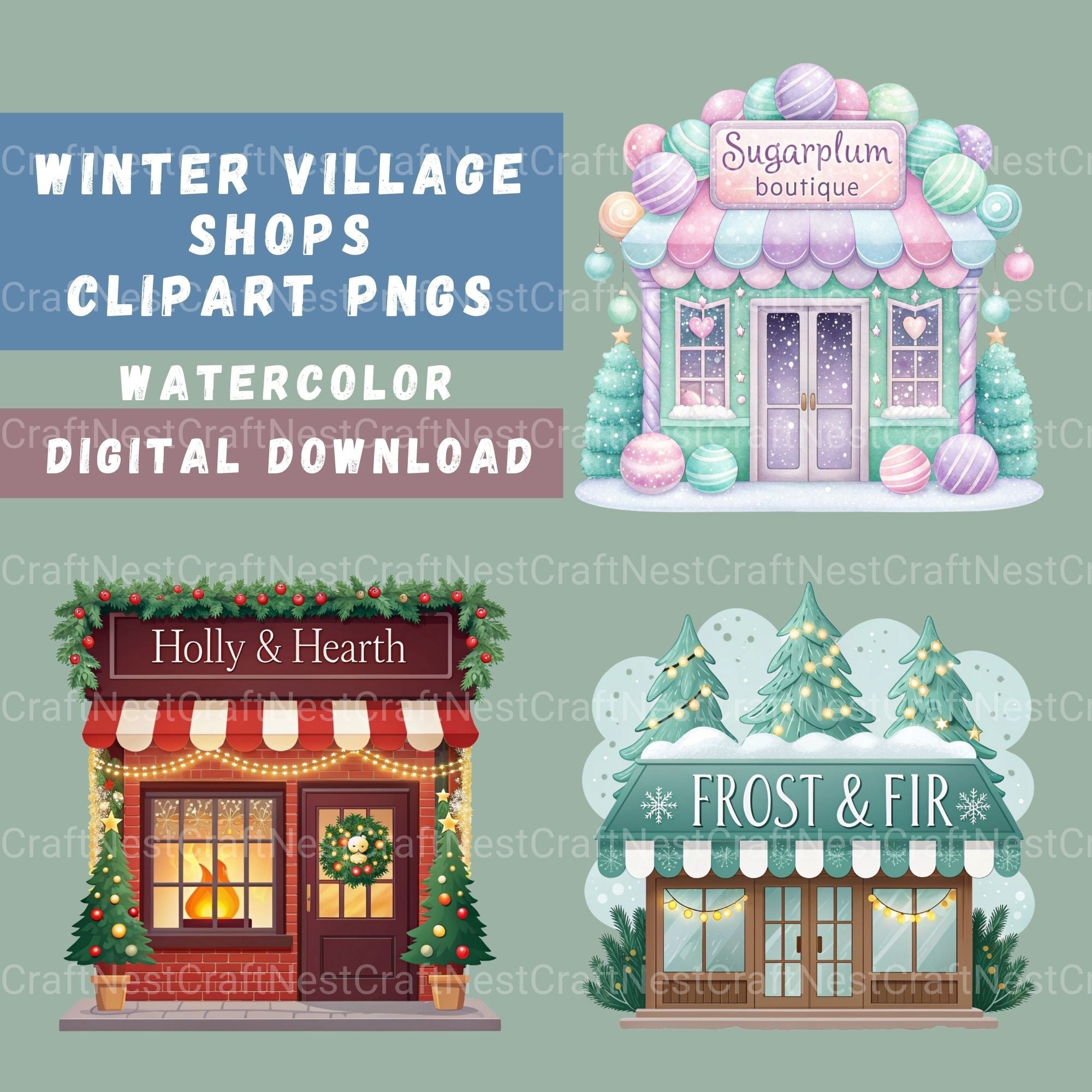Village Shops Winter Clipart Bundle