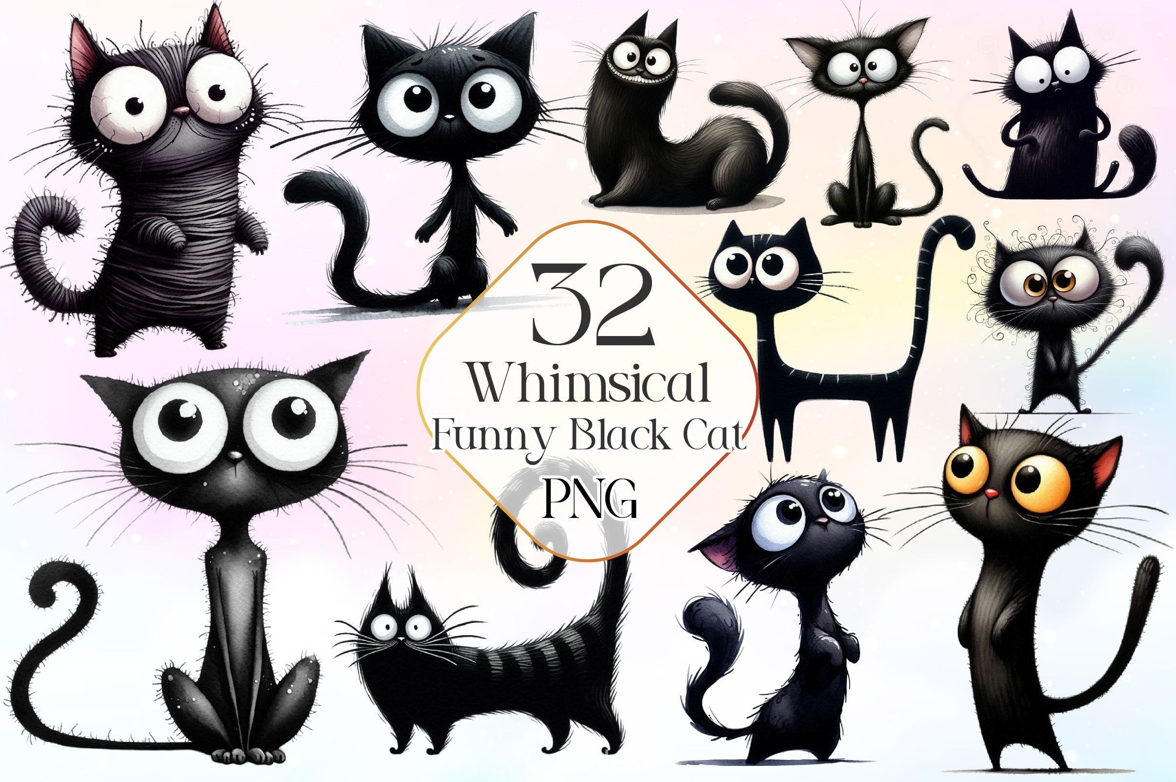Whimsical Funny Black Cat Clipart Bundle