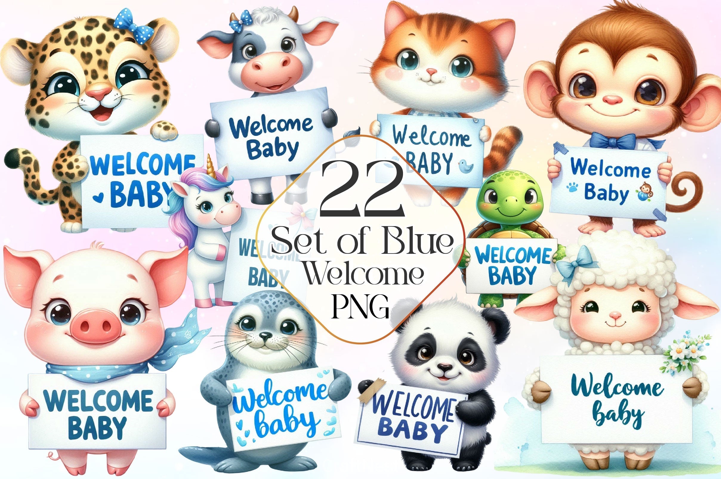 Set Of Blue Welcome Baby Clipart Bundle