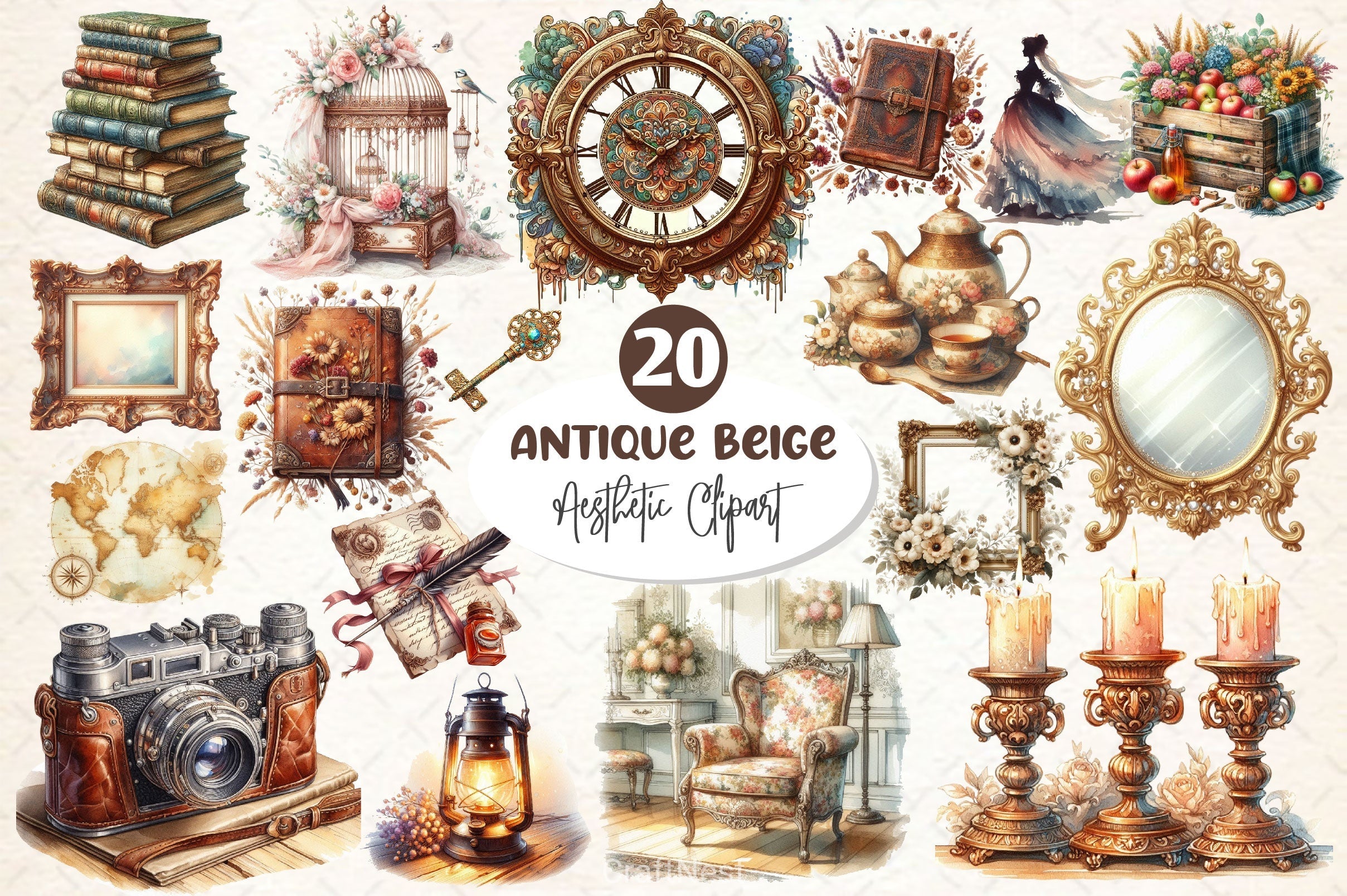 Antique Beige Aesthetic Clipart Bundle