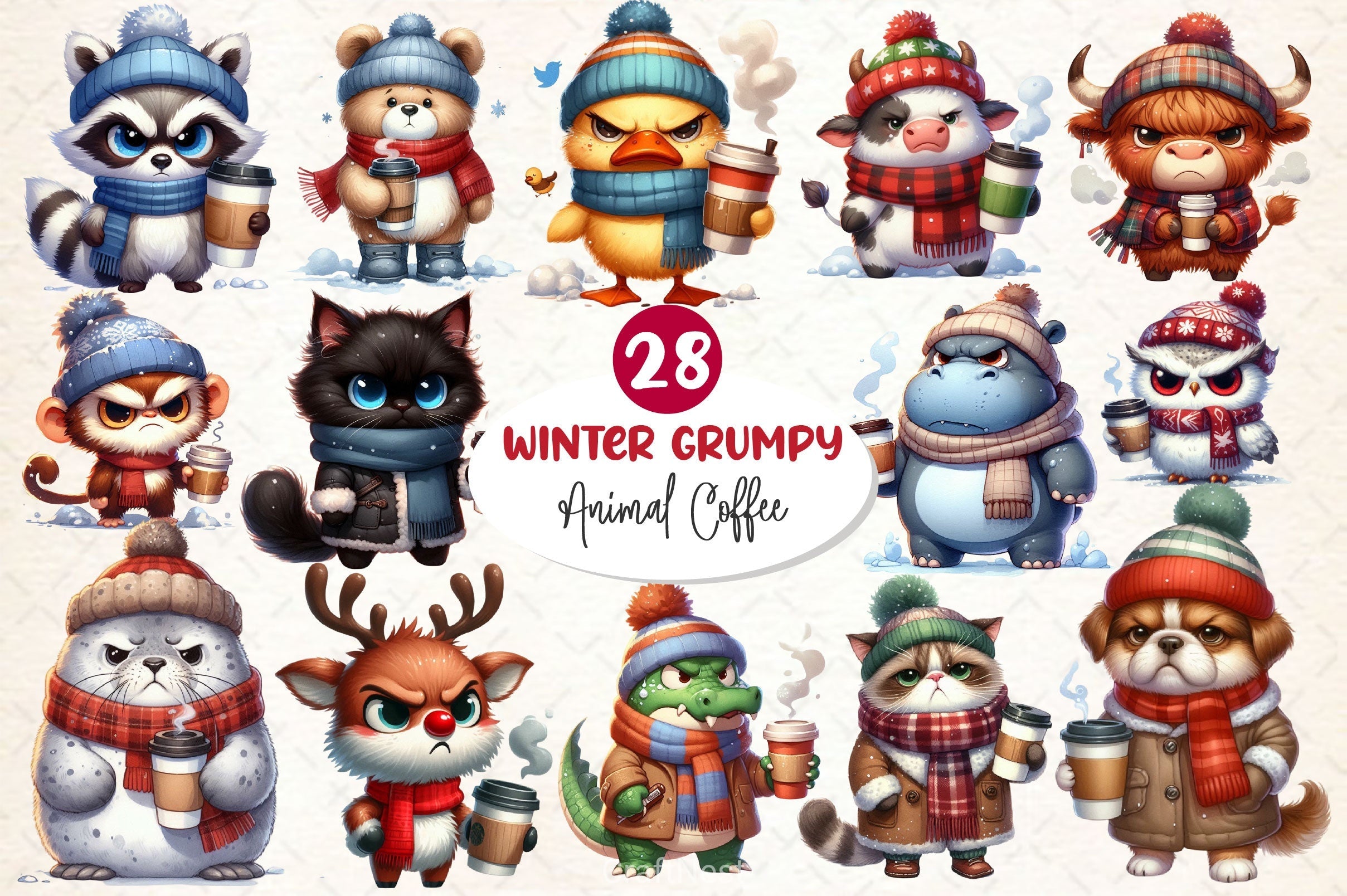 Winter Grumpy Animal Coffee Clipart Bundle 2
