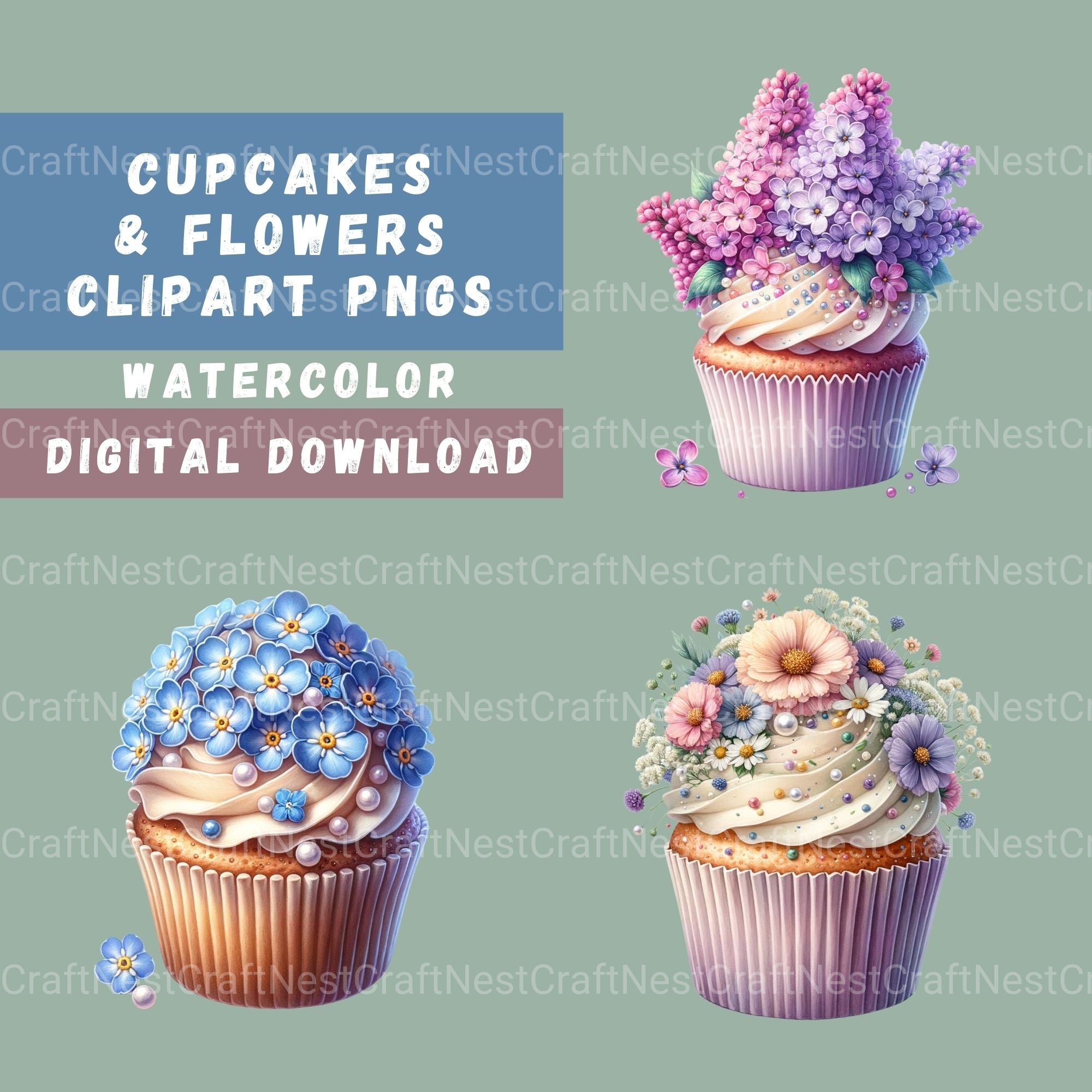 Cupcakes Floral Clipart Bundle