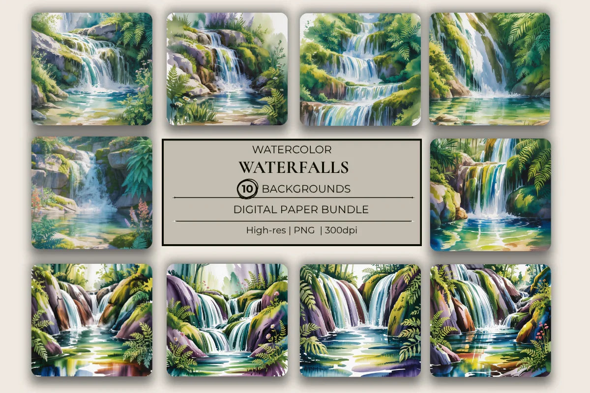 Watercolor Waterfalls Background Papers - CraftNest - Digital Crafting and Art