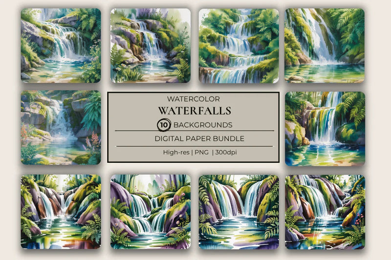 Watercolor Waterfalls Background Papers - CraftNest - Digital Crafting and Art