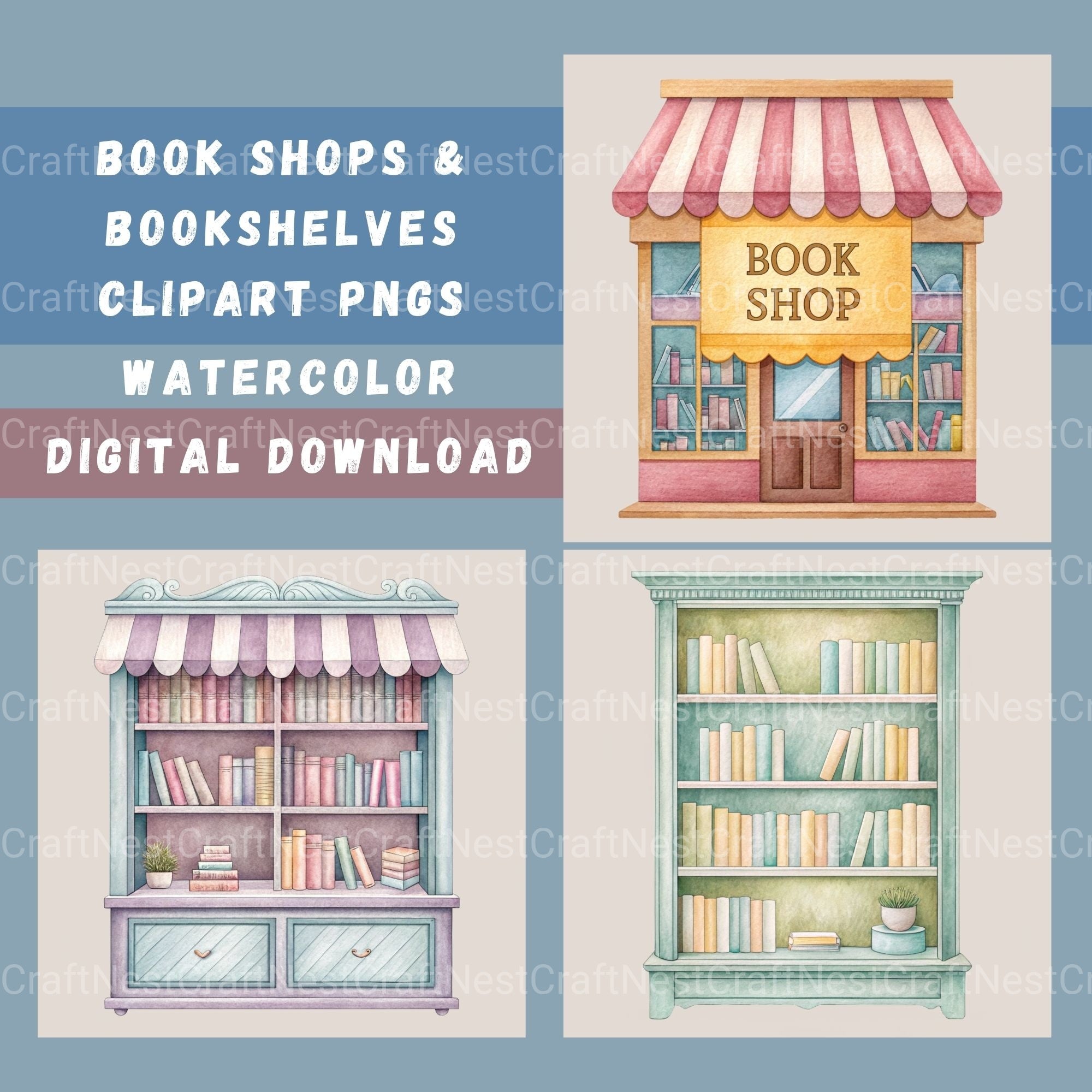 Book Shop & Bookshelves Clipart Bundle