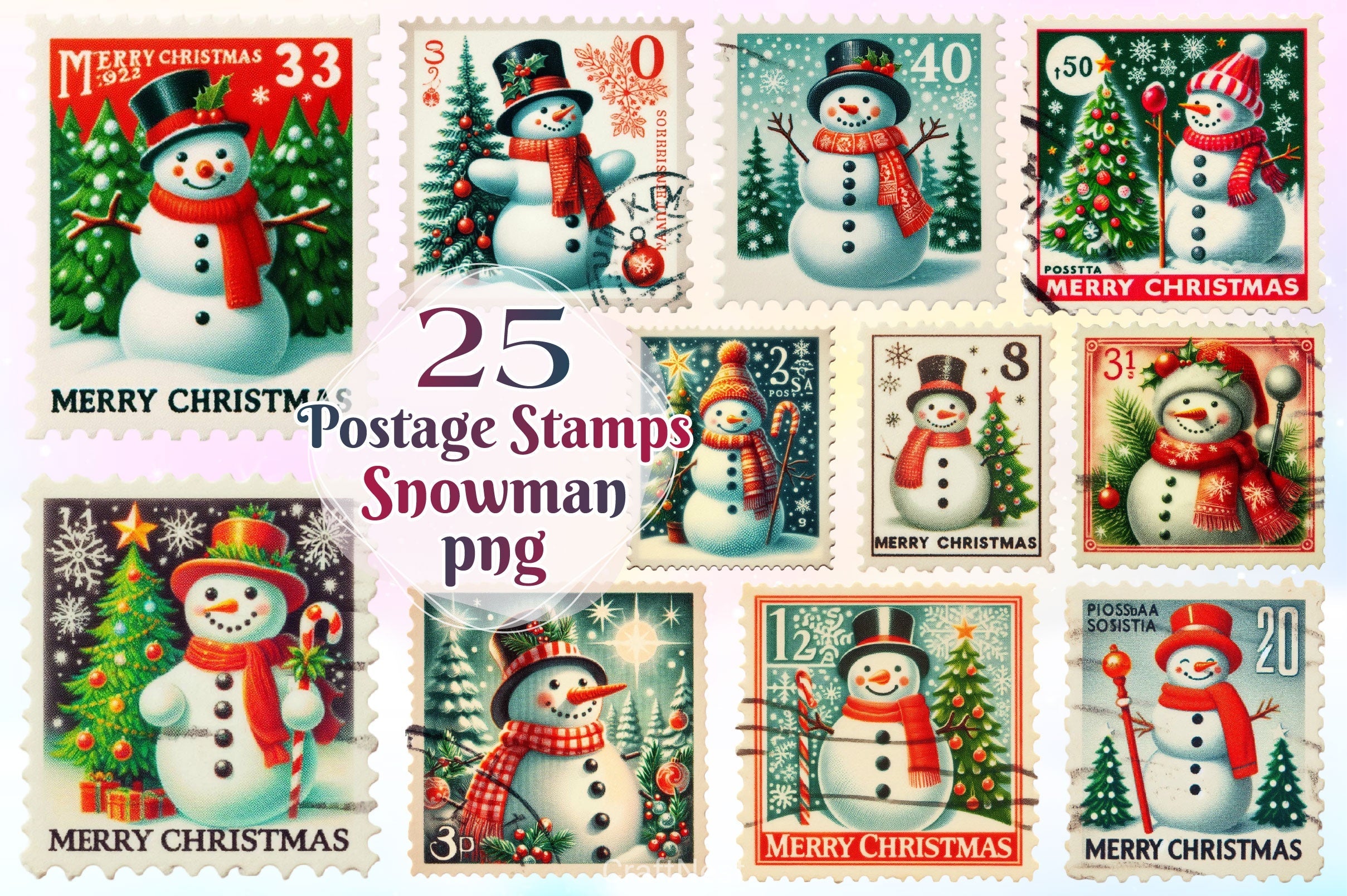 Christmas Snowman Postage Stamps Clipart Bundle 2