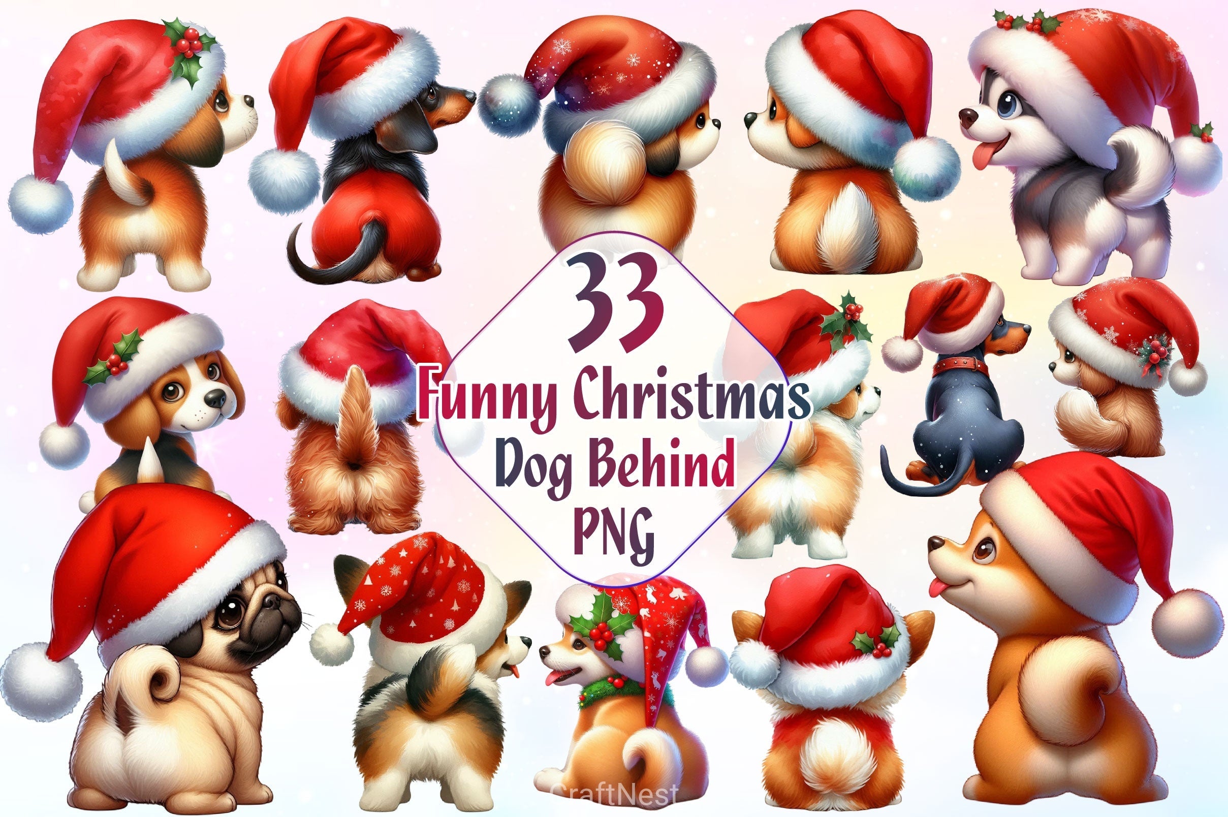 Funny Christmas Dog From Behind Clipart Bundle 2