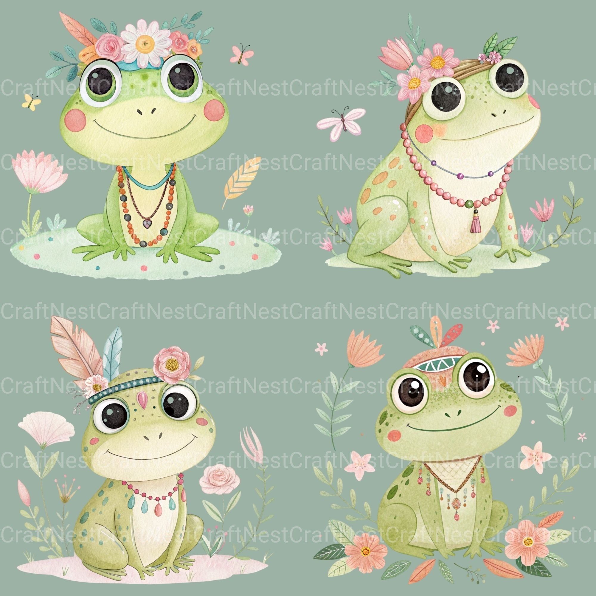 Boho Frogs Clipart Bundle