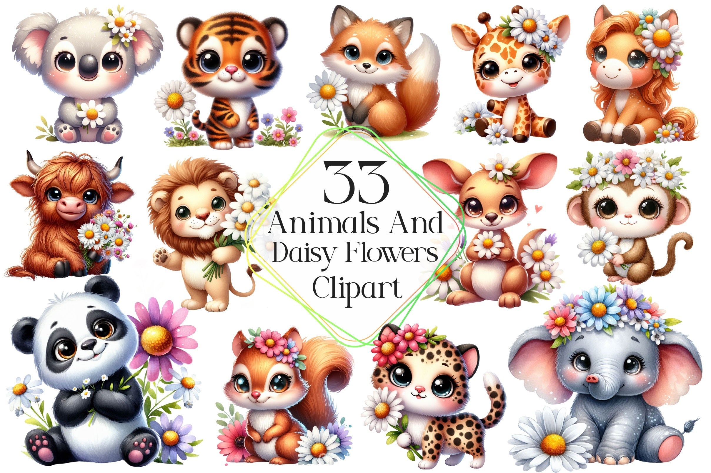 Cute Animals Daisy Flowers Clipart Bundle 2