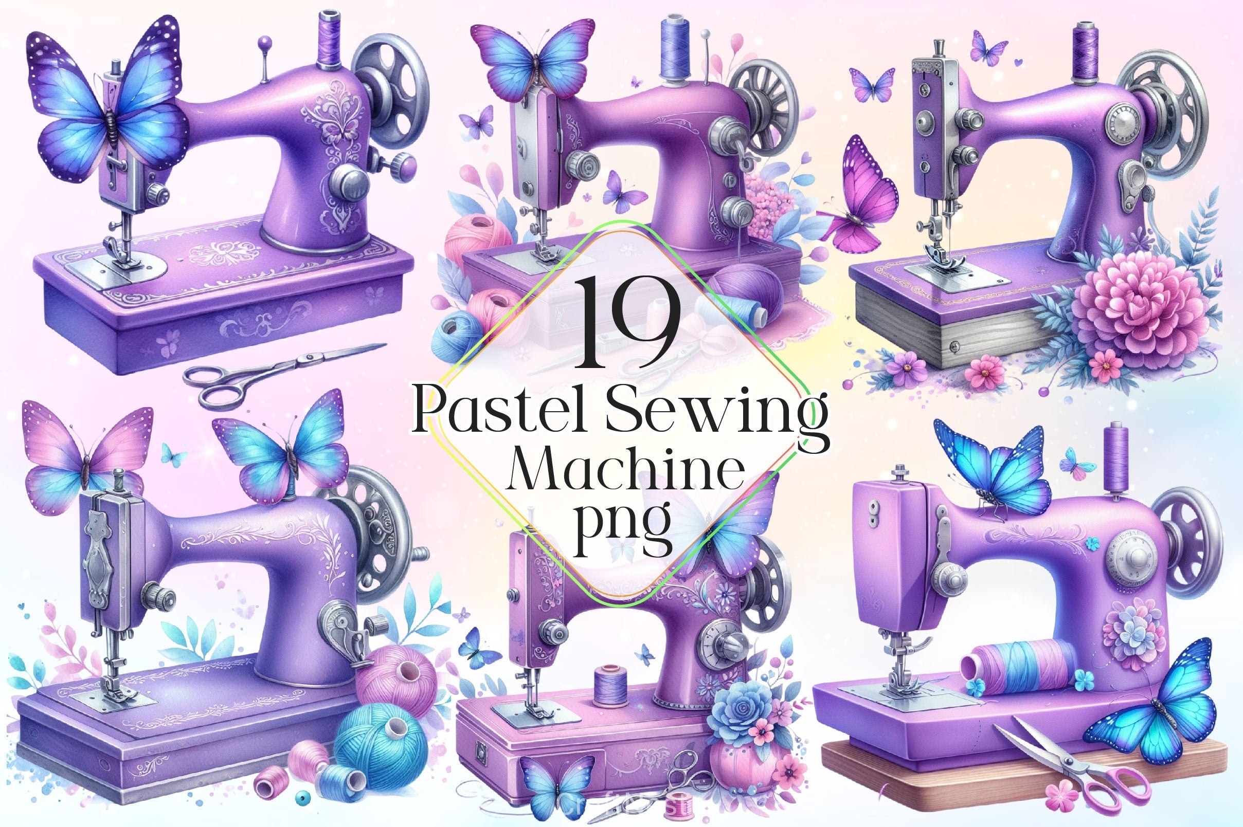 Pastel Sewing Machine Butterfly Clipart Bundle 2