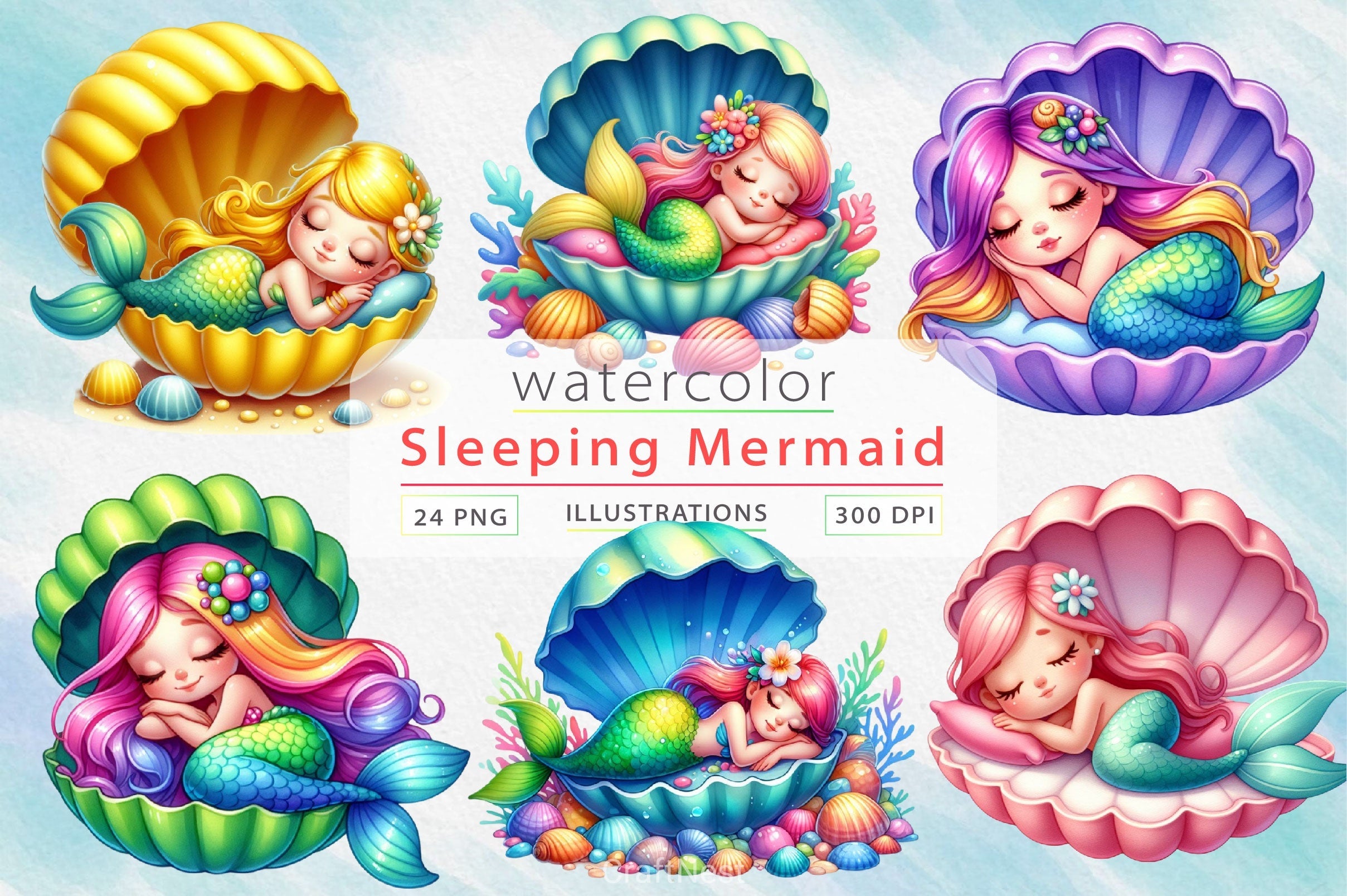 Sleeping Mermaid Clipart Bundle